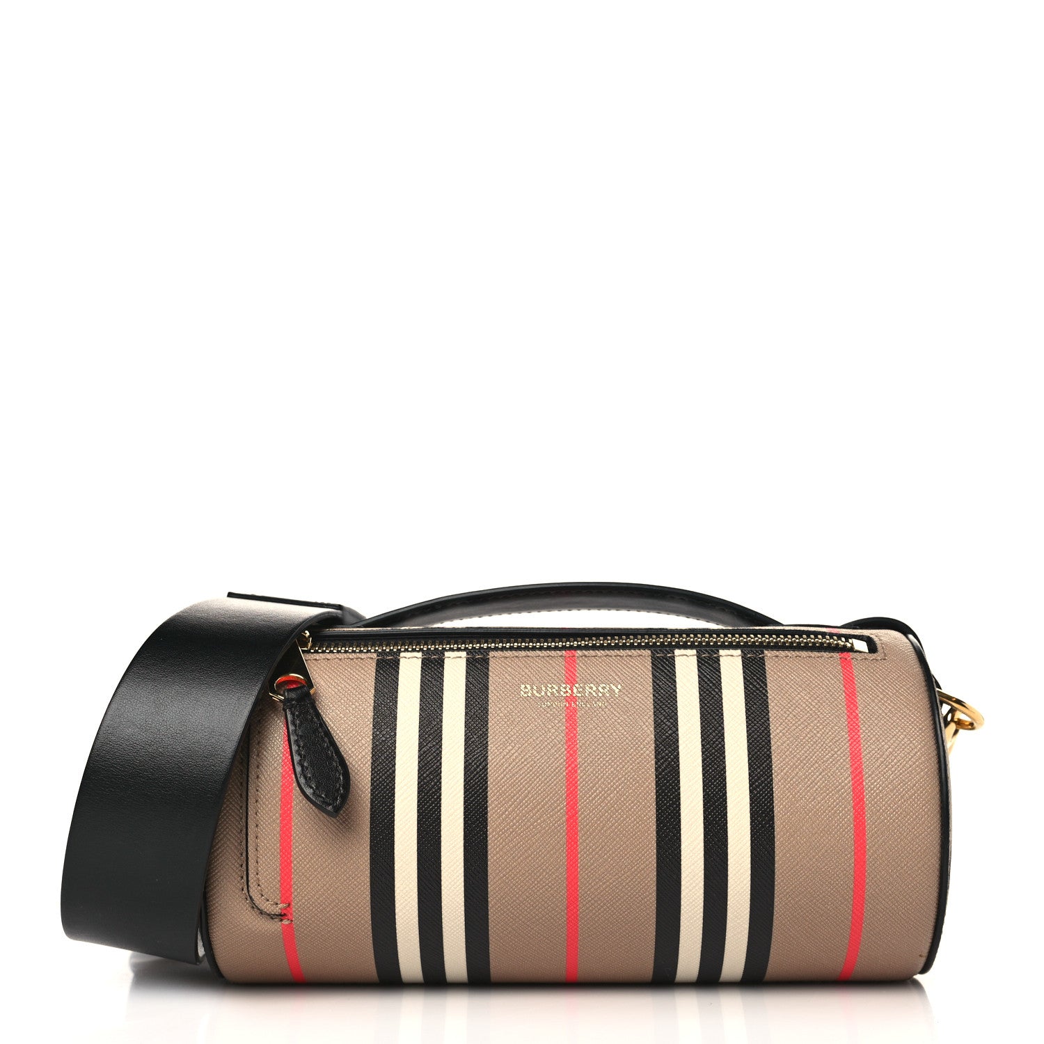 Burberry E-Canvas Calfskin Stripe Icon Barrel Bag Archive Beige