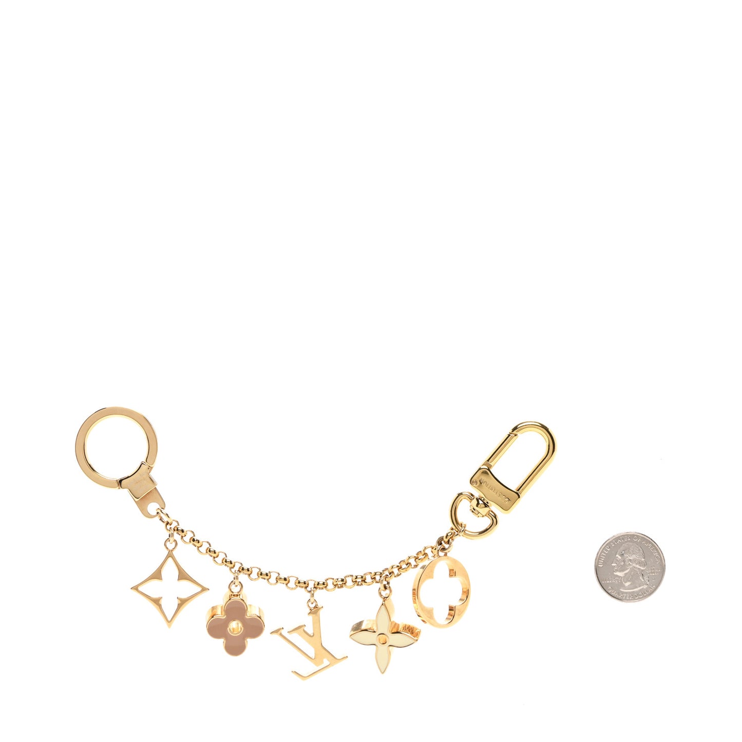 Brass Enamel Fleur De Monogram Bag Charm Chain Gold