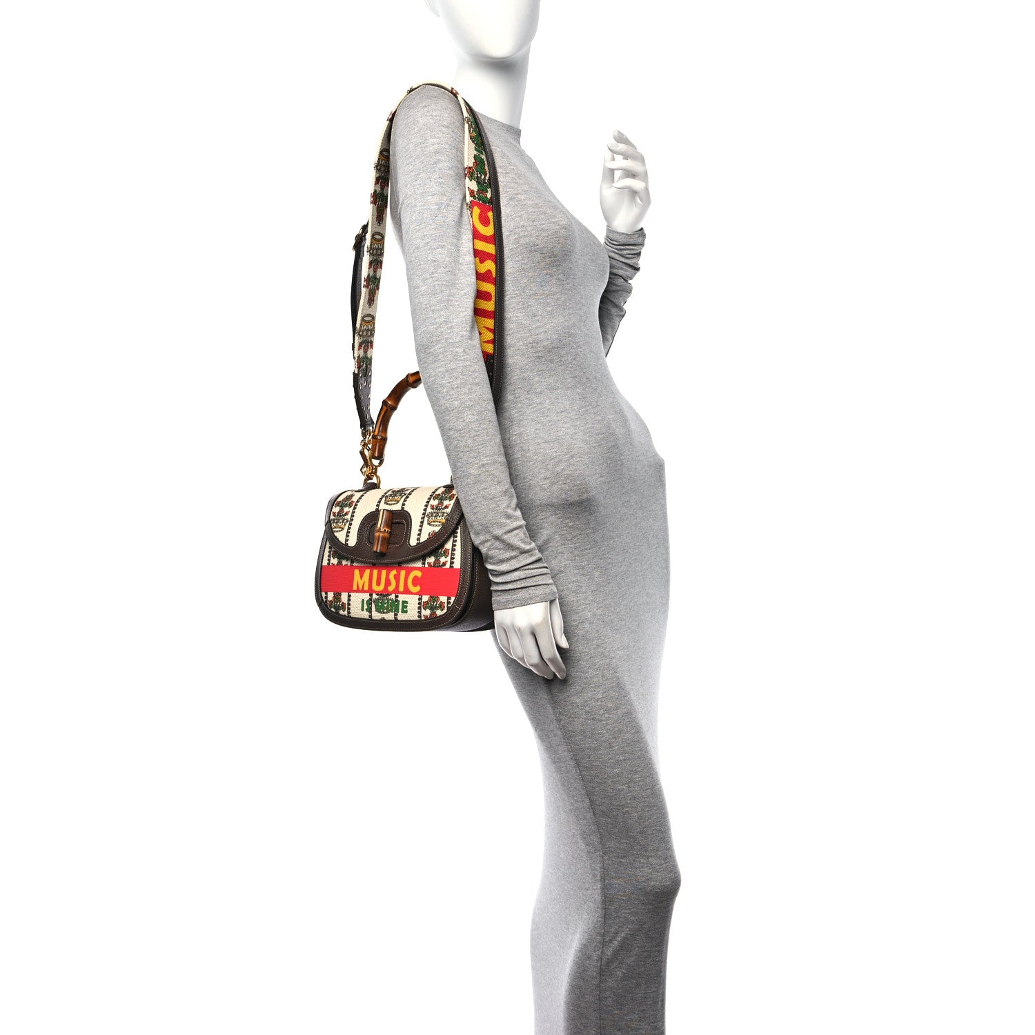 Gucci Canvas Calfskin 100 Centennial Music Medium Bamboo 1947 Top Handle Bag Multicolor 3 of 12