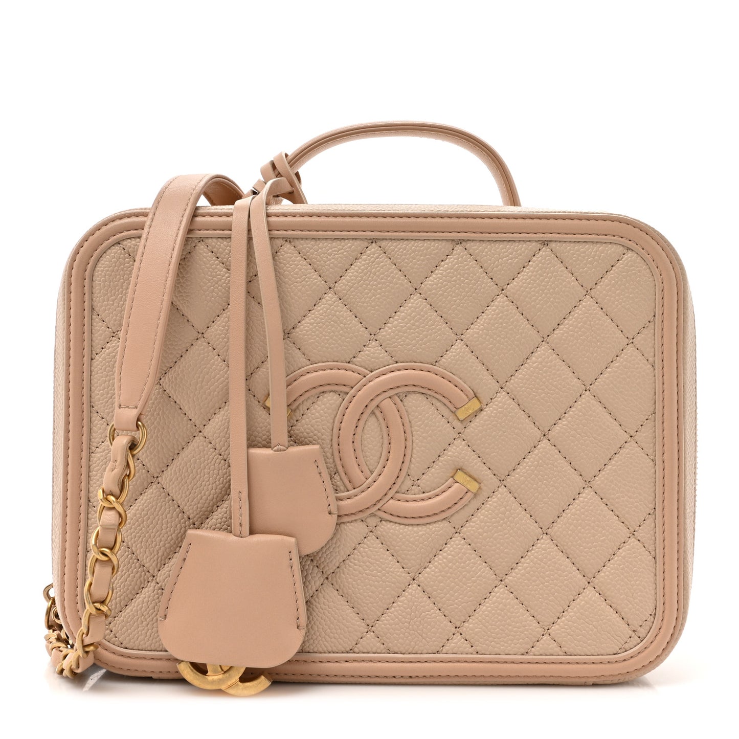 Caviar Quilted Large CC Filigree Vanity Case Beige