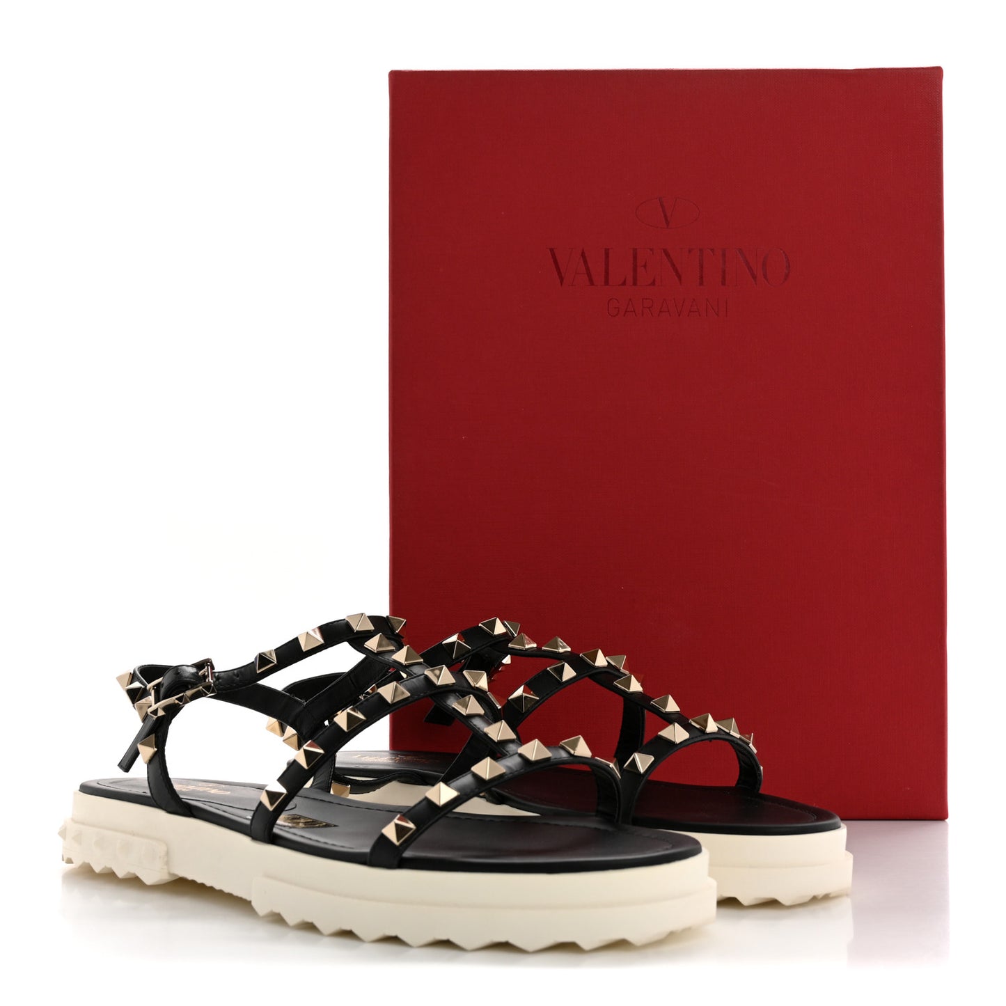 Calfskin Bedrock Rockstud Ankle Flat Sandals 38 Black White