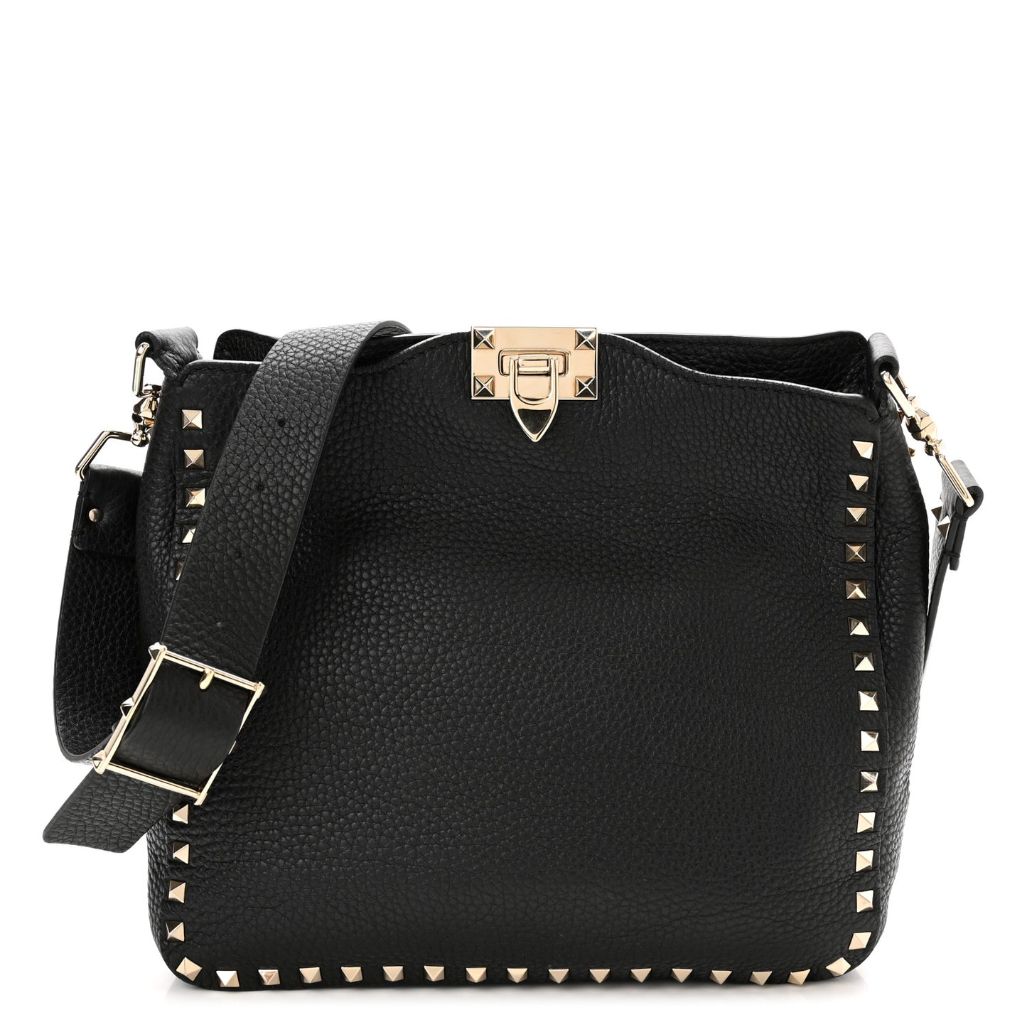 Pebbled Calfskin Small Rockstud Flip-Lock Messenger Bag Black