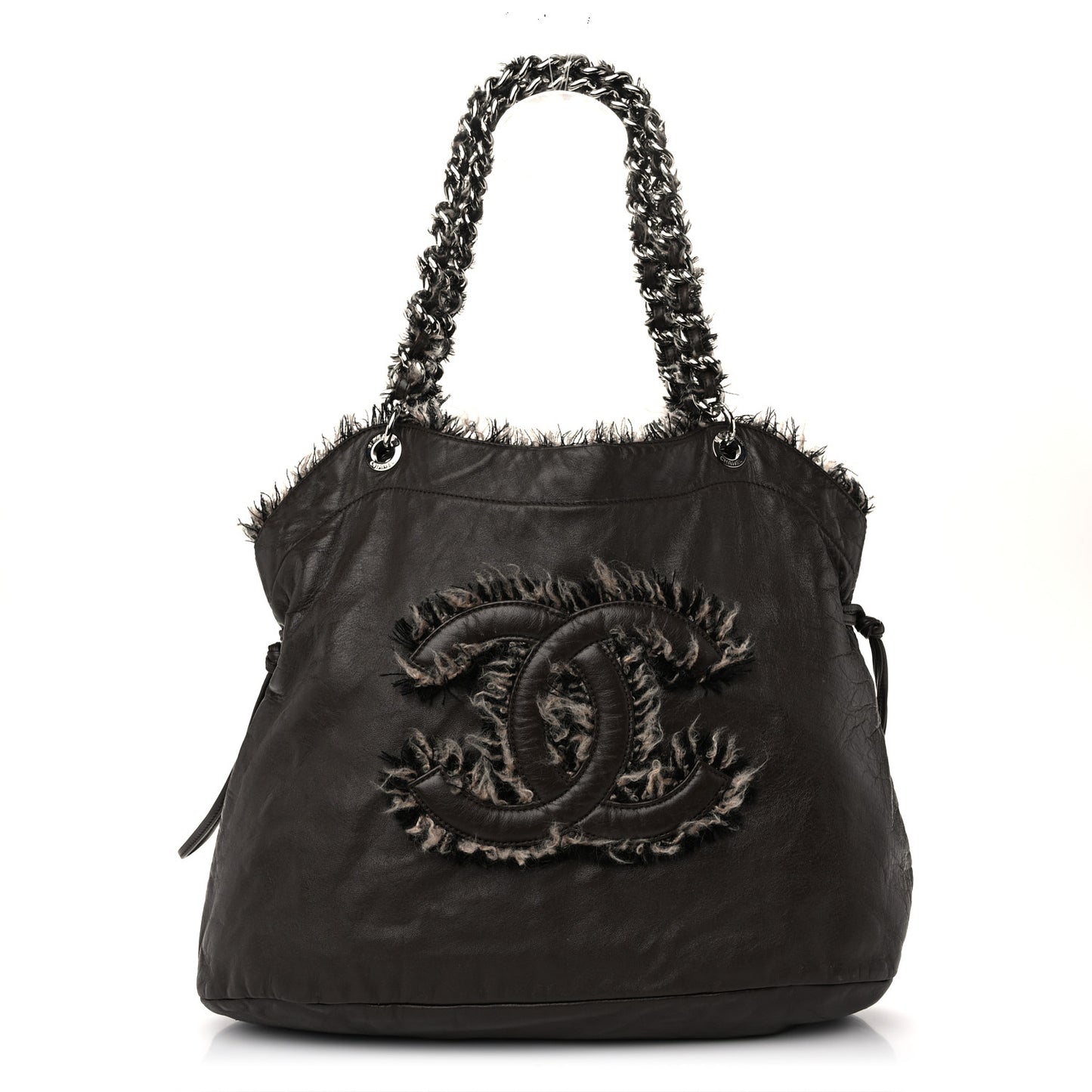 Tweed Lambskin Drawstring Tweedy Tote Brown