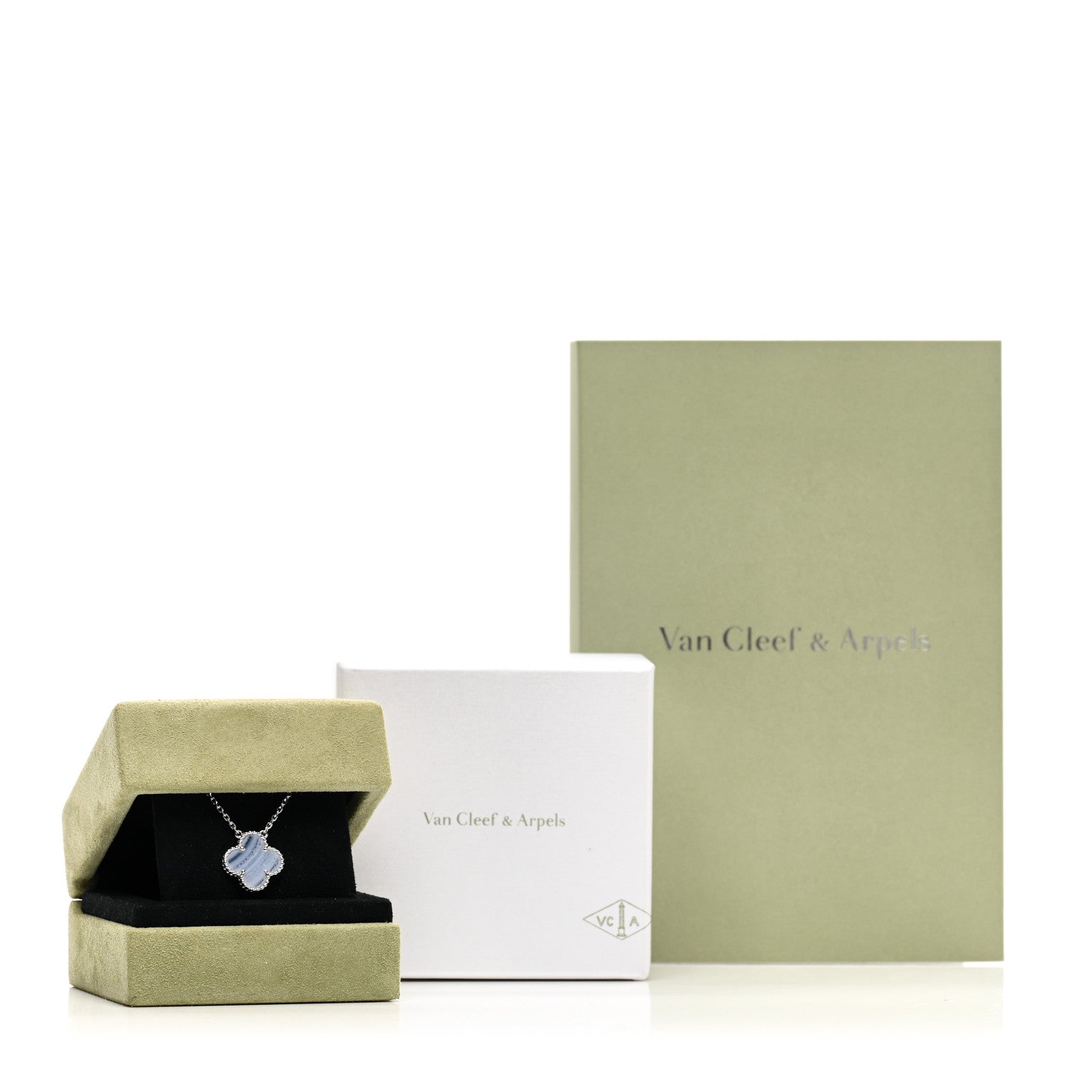 Van Cleef & Arpels 18K White Gold Chalcedony Vintage Alhambra Pendant Necklace 5 of 5