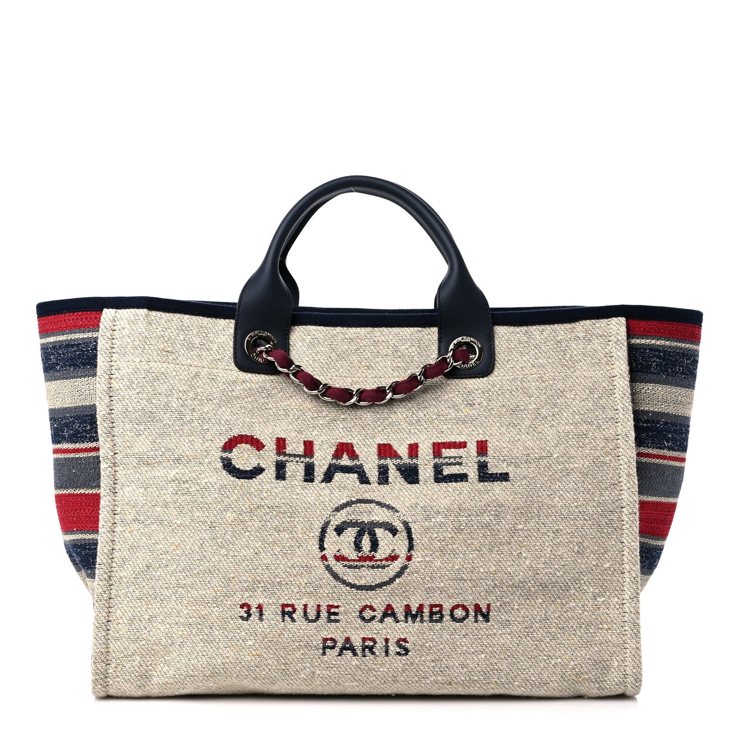 Striped Canvas Medium Deauville Tote Beige