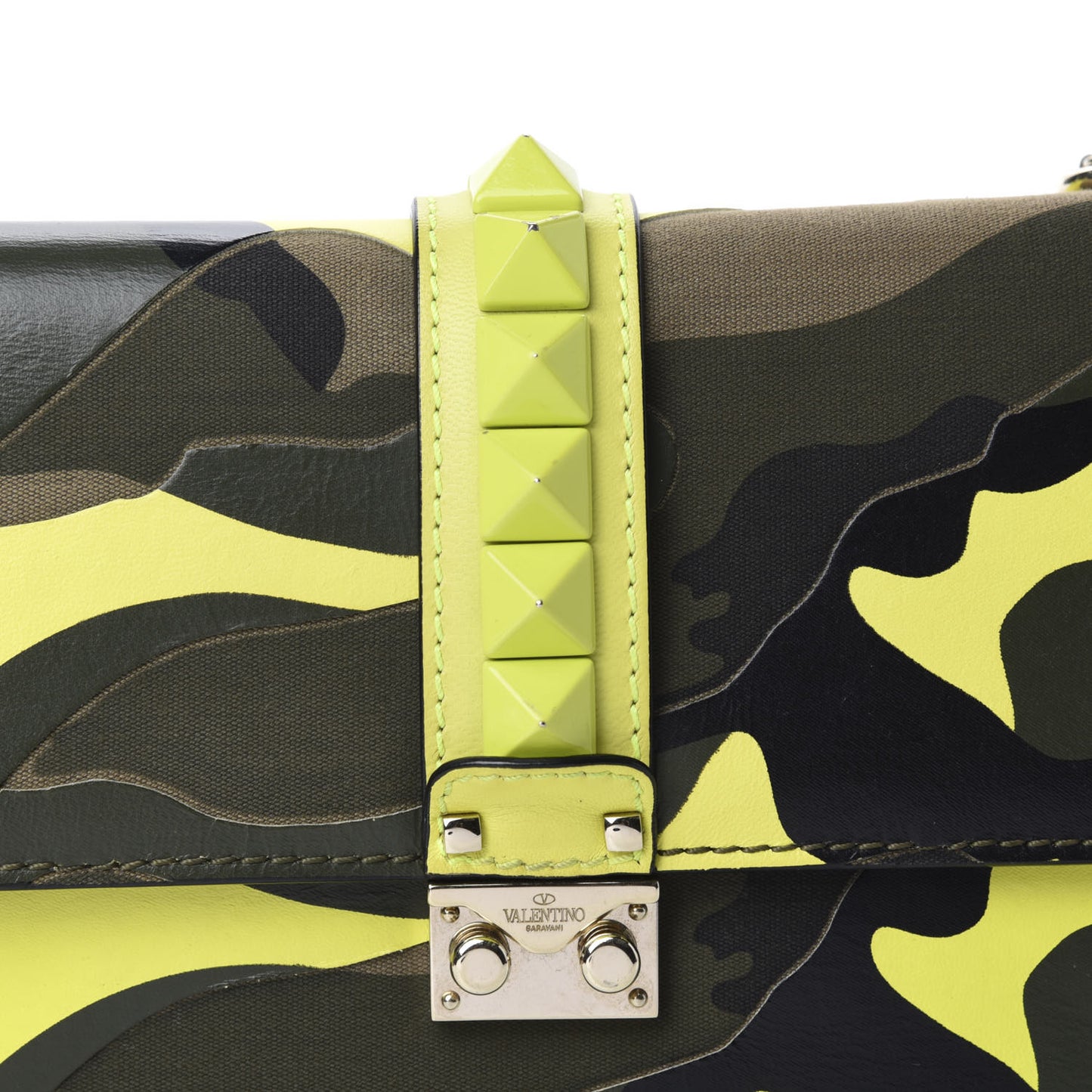 Nappa Canvas Camouflage Medium Glam Lock Rockstud Flap Fluo Yellow