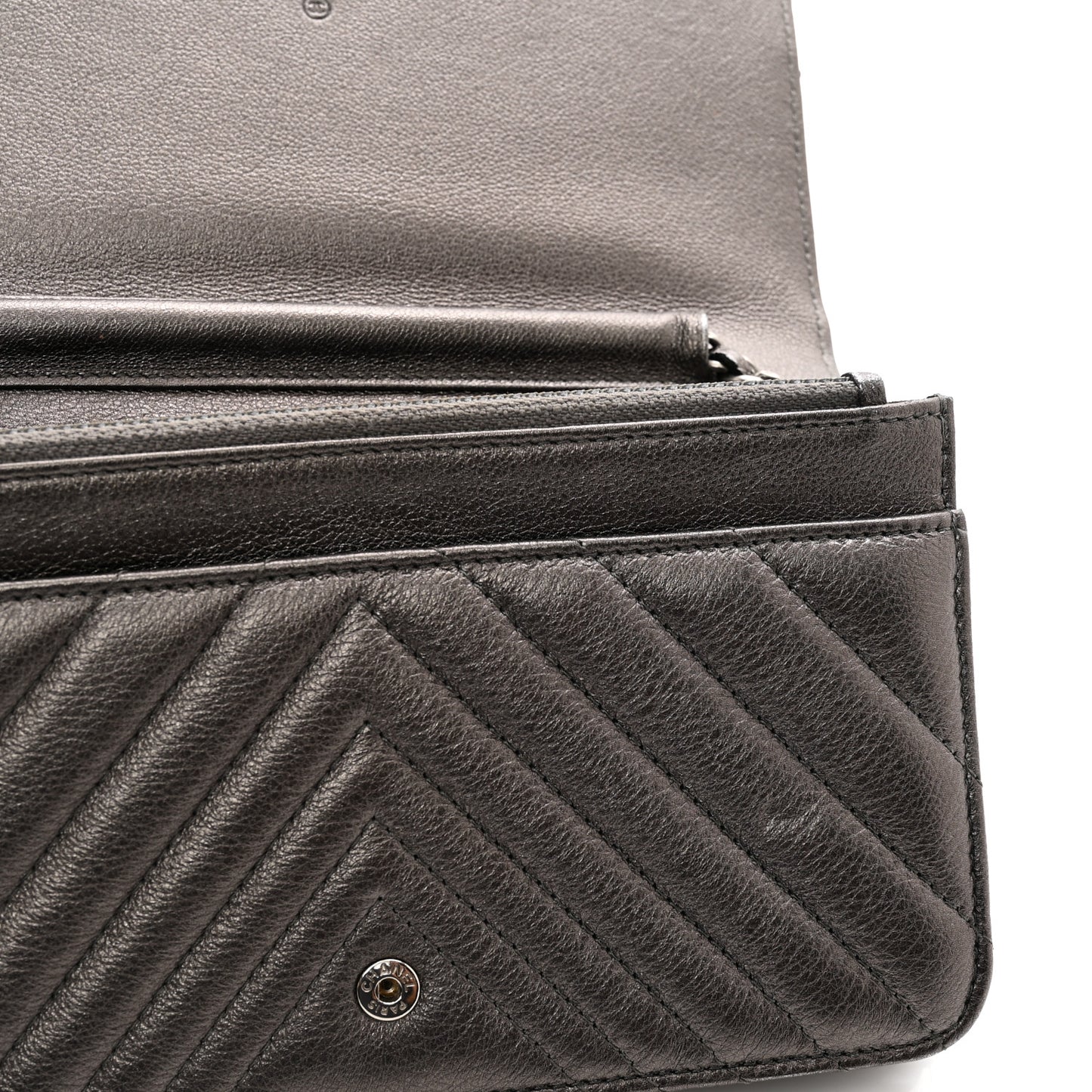 Metallic Lambskin Chevron Quilted Wallet On Chain WOC Grey