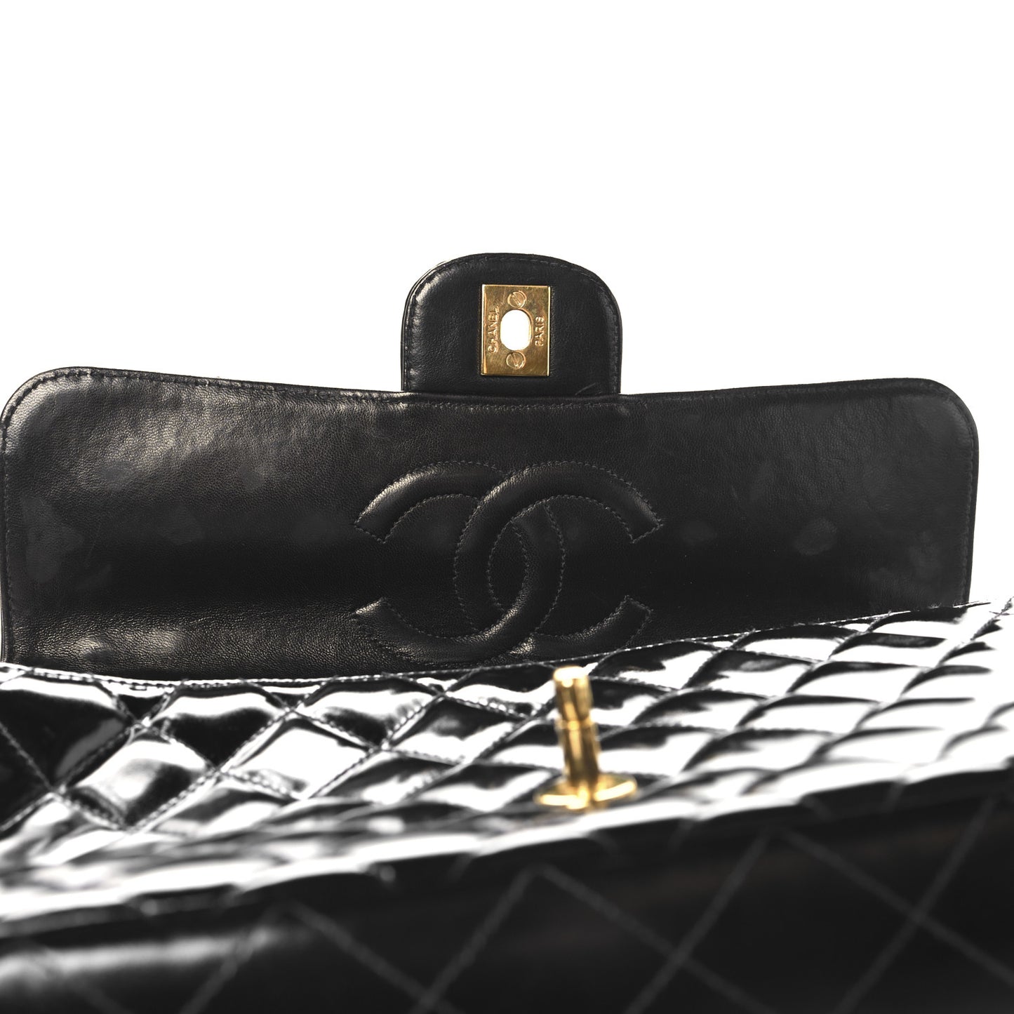 Patent Quilted Medium Rectangular Kelly Flap Bag Black