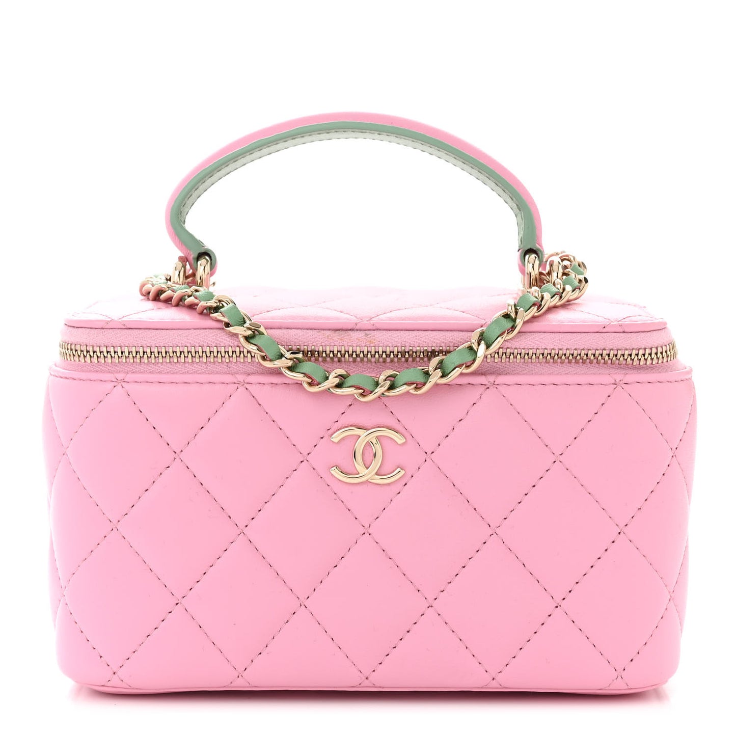 Lambskin Quilted Small Top Handle Vanity Case With Chain Lilac Light Green