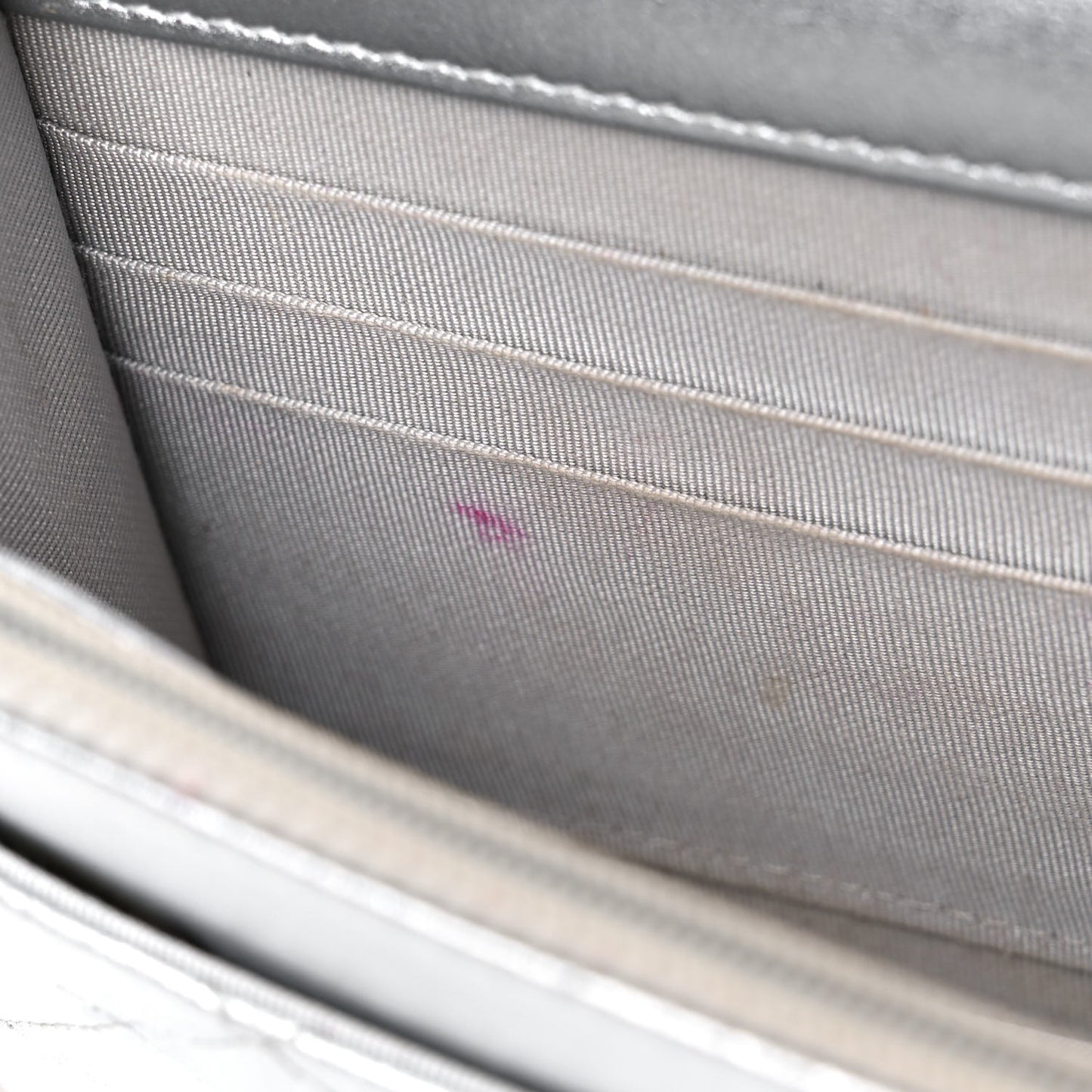 Metallic Lambskin Quilted Wallet On Chain WOC Silver