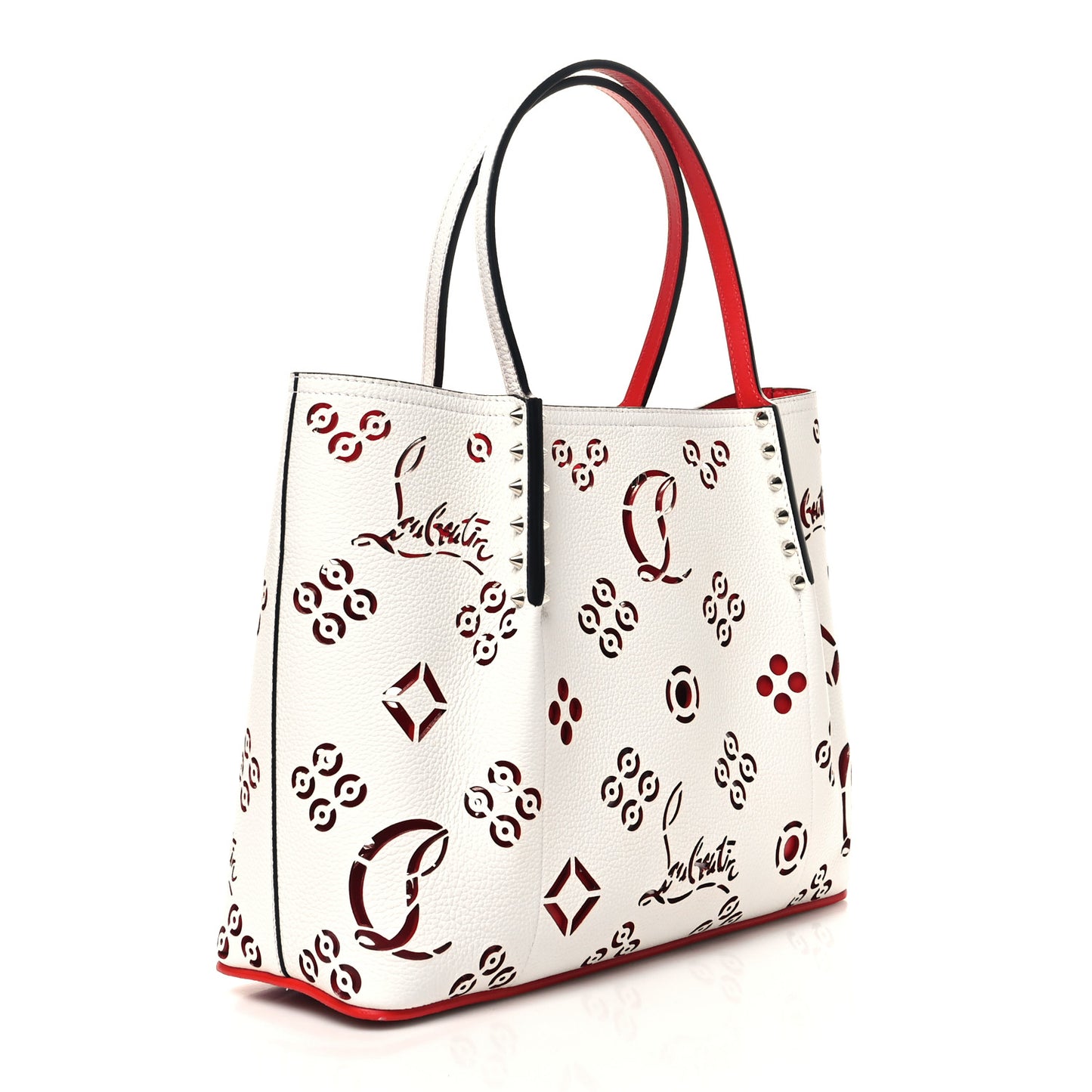 Calfskin Loubinthesky Small Perforated Cabarock Spikes Tote Snow