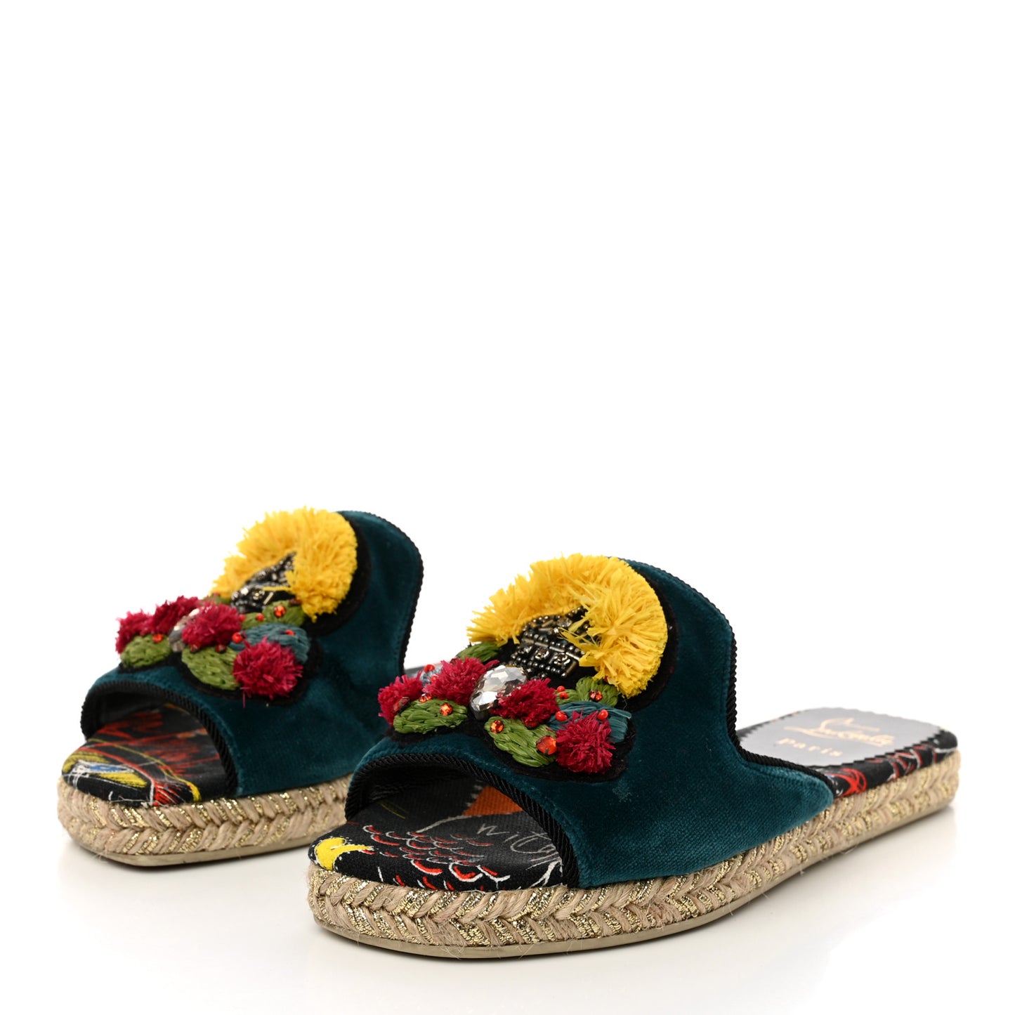 Canvas Raffia Velvet Pacha Loubi Flat Espadrilles Vers 35 Black Multicolor