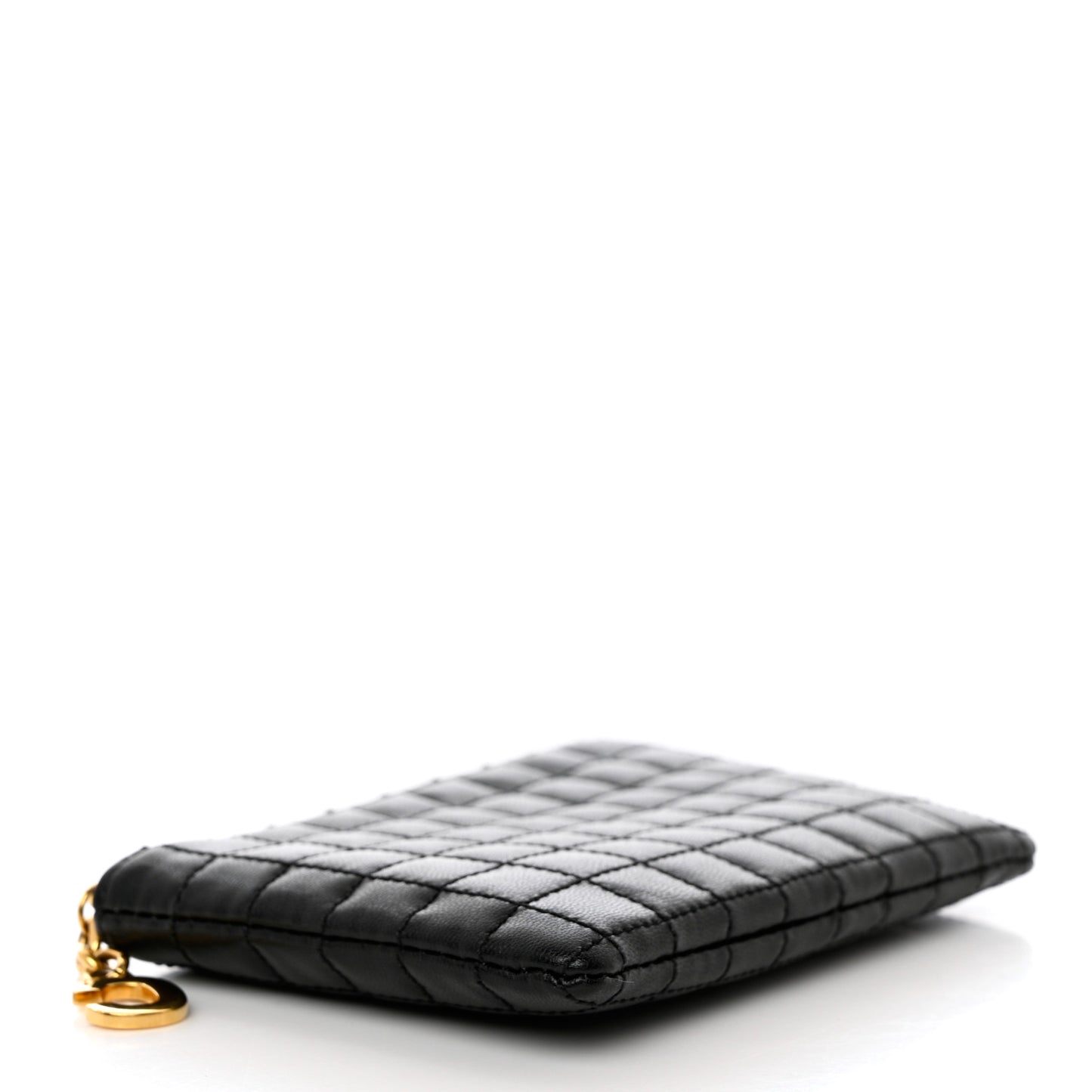 Calfskin Quilted C Charm Coin Card Pouch Black