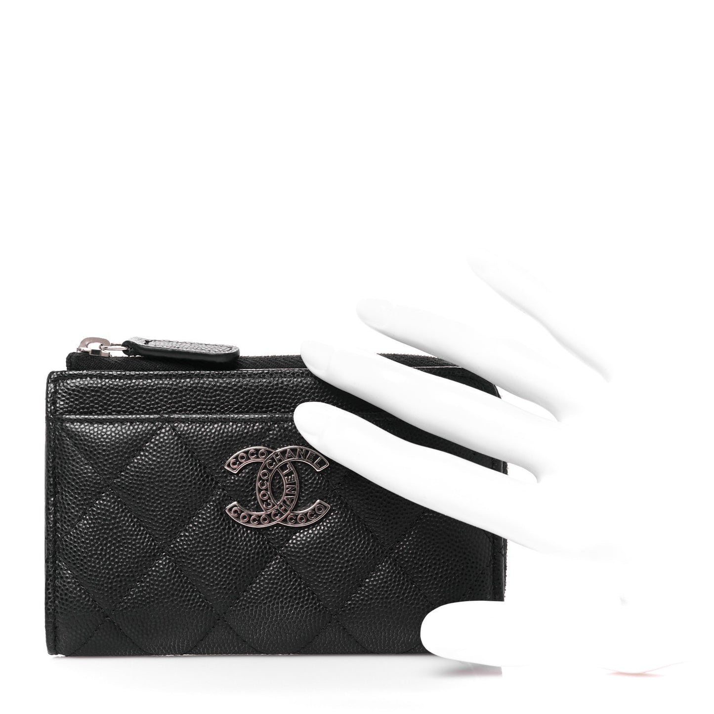Caviar Quilted CC Logo Zip Around Card Holder Black