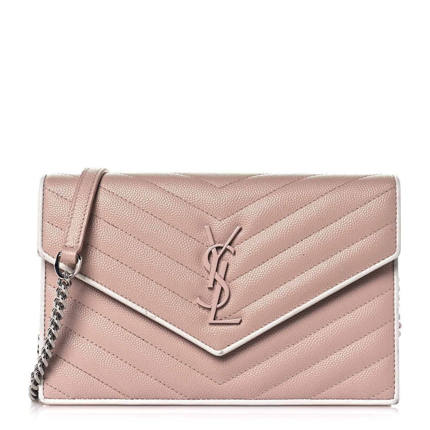 Saint Laurent Grain De Poudre Matelasse Chevron Monogram Envelope Chain Wallet Pink White 1 of 23