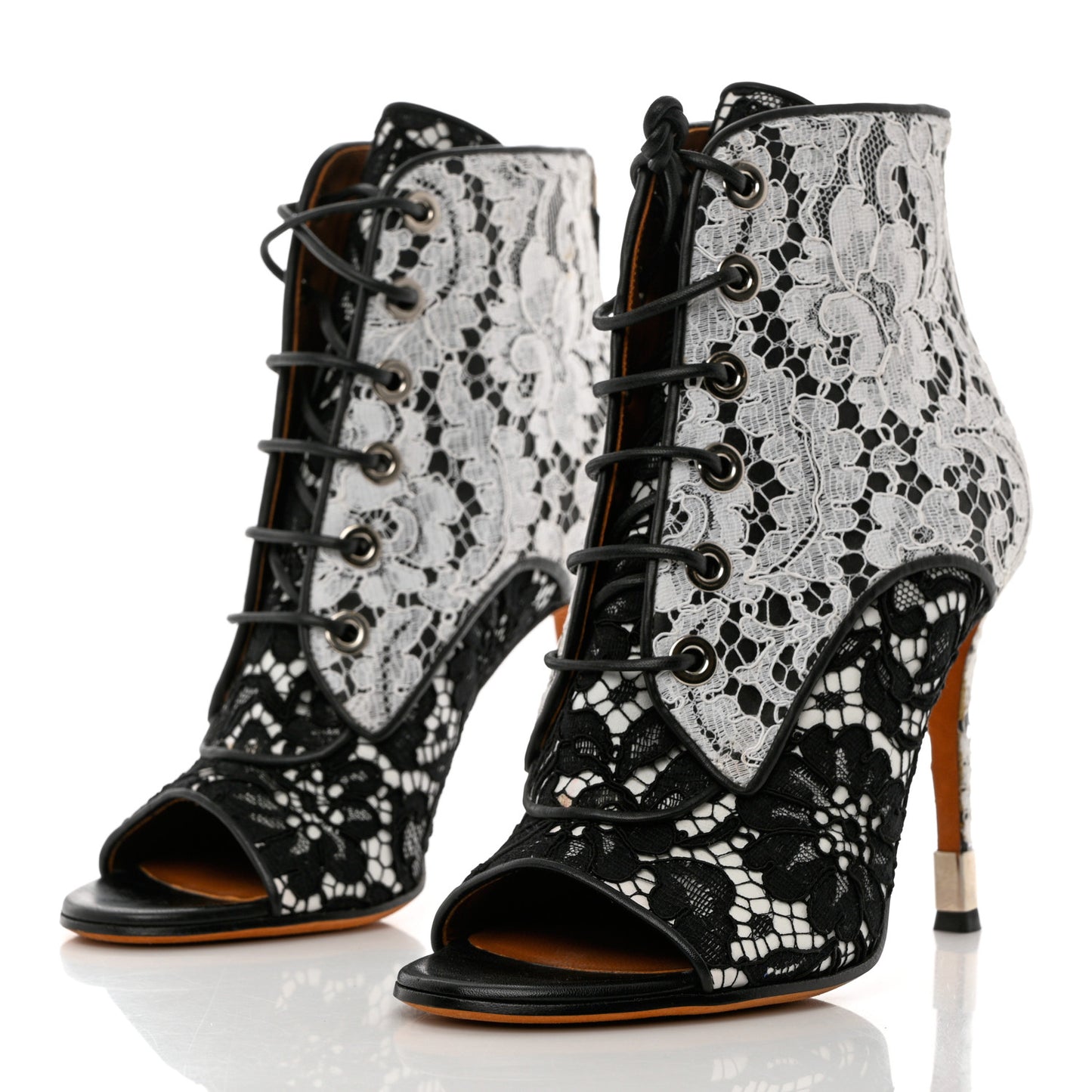 Calfskin Lace Peep Toe Ankle Booties 38 White Black
