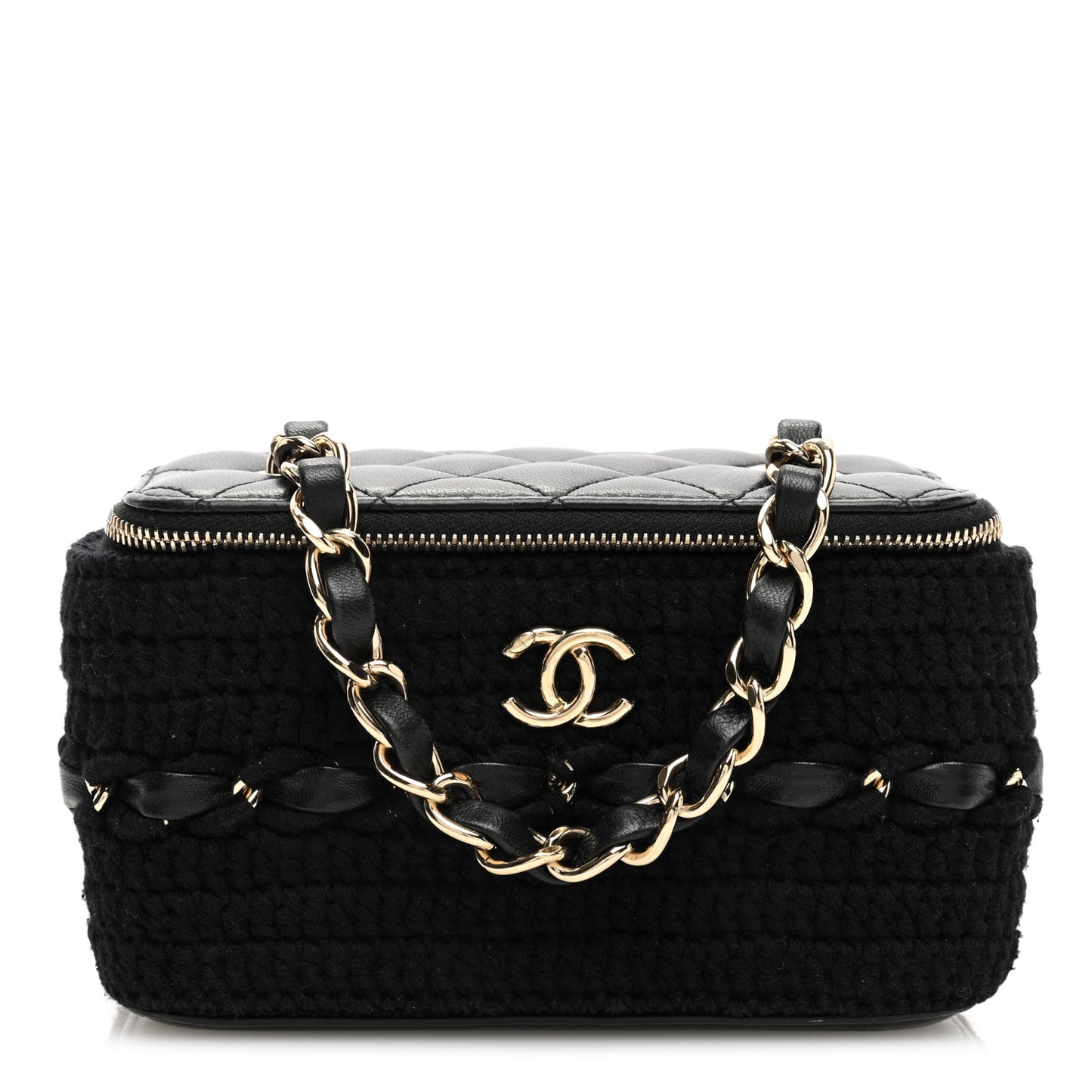 Lambskin Crochet Quilted Small Vanity Case With Chain Black