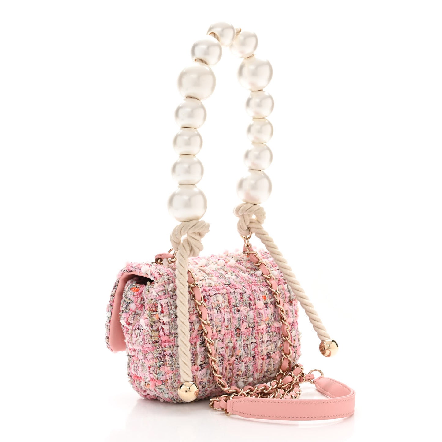 Tweed Mini Pearl Handle Flap Pink Beige Orange Ecru