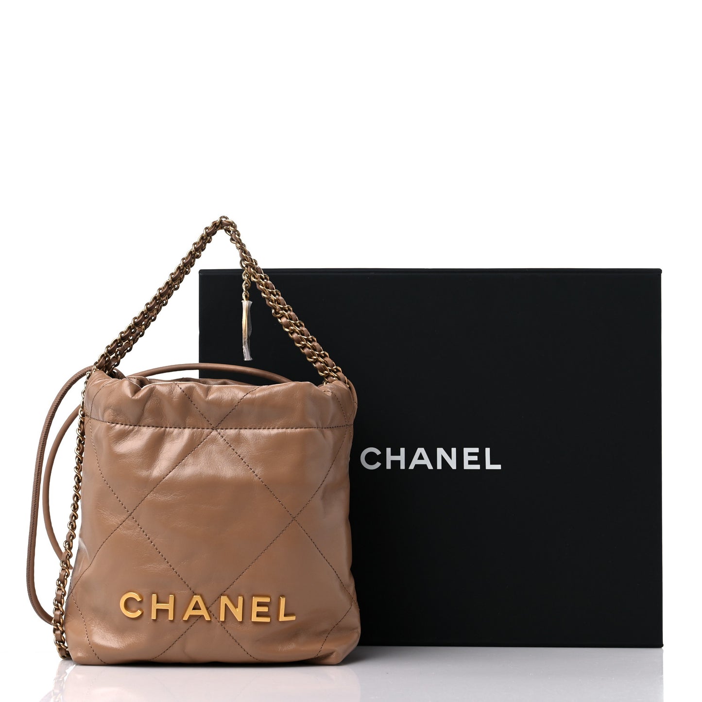 Shiny Calfskin Quilted Mini Chanel 22 Dark Beige