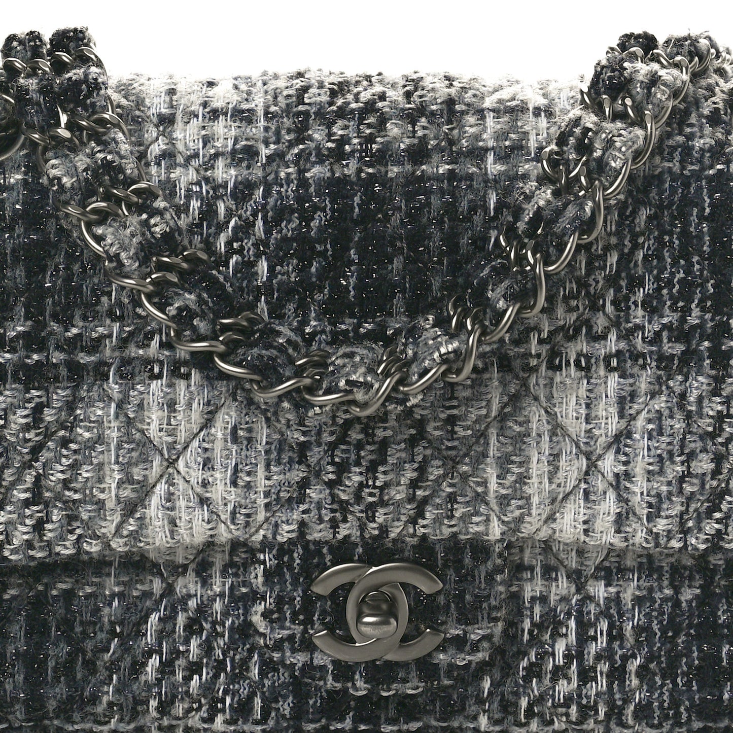 Tweed Quilted Medium Double Flap Black Grey
