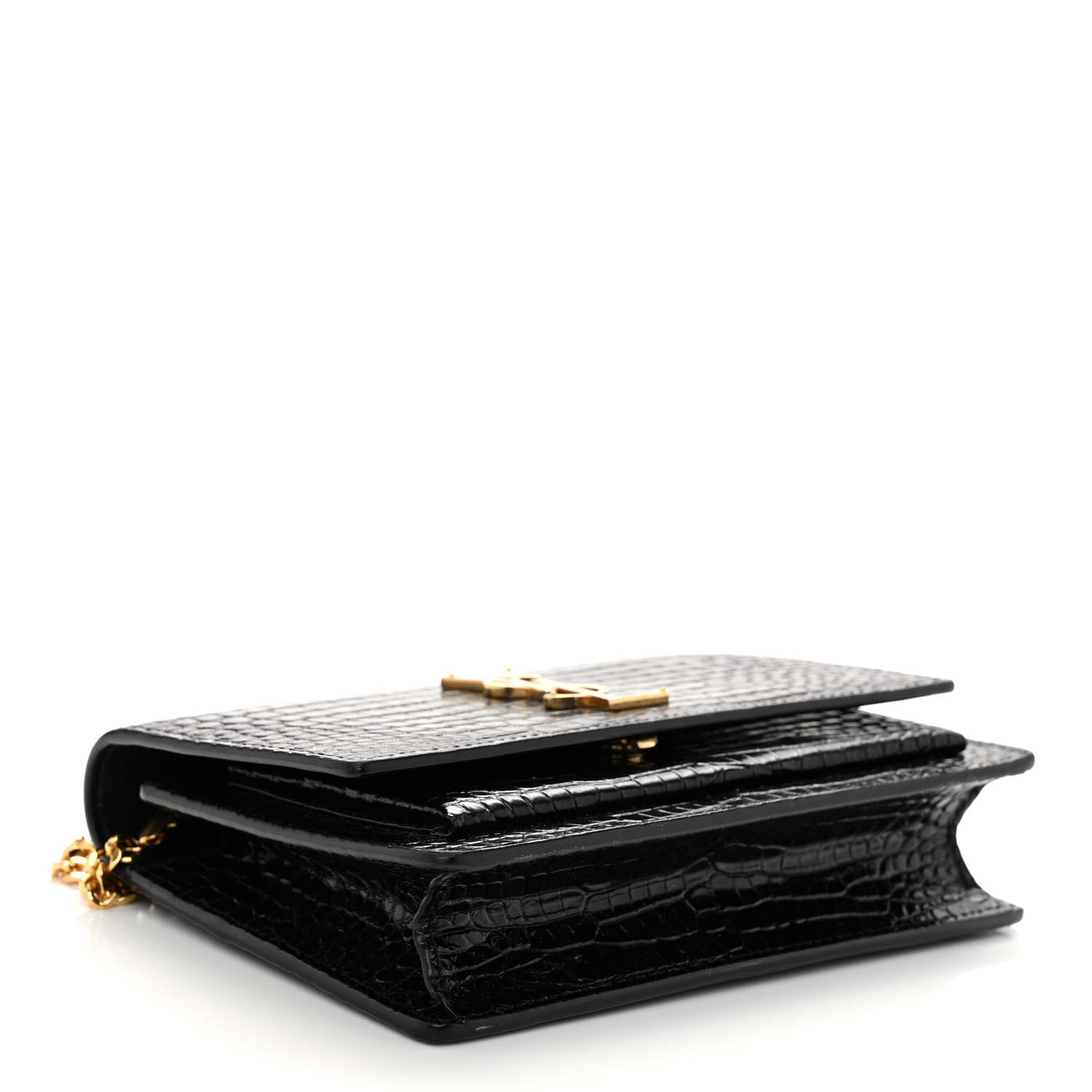 Saint Laurent Calfskin Crocodile Embossed Monogram Sunset Top Handle Chain Wallet Black 4 of 11