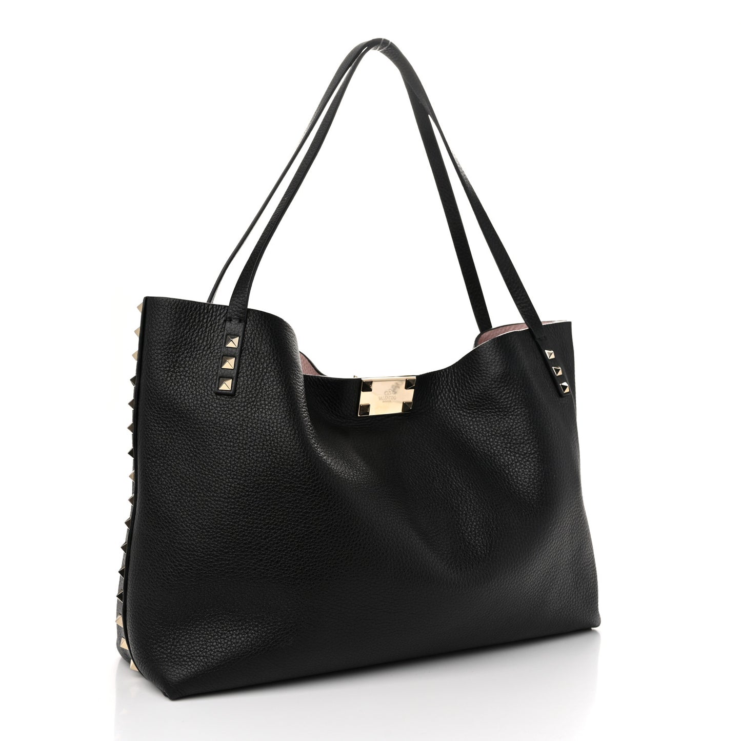 Grainy Calfskin Medium Rockstud Tote Black Rose Quartz