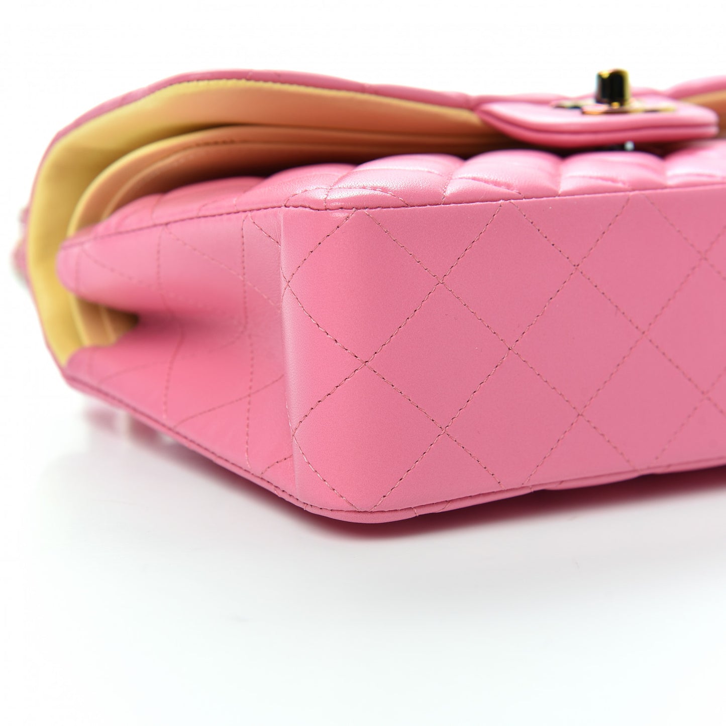 Lambskin Quilted Small Double Flap Pink Yellow