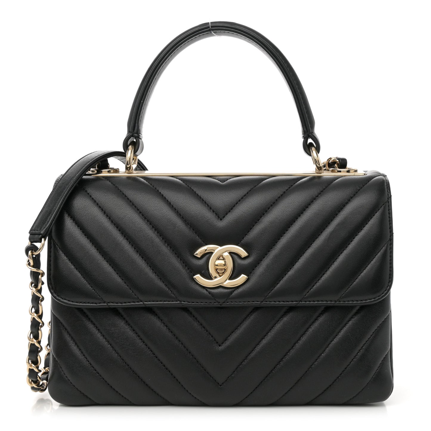 Lambskin Chevron Quilted Small Trendy CC Dual Handle Flap Bag Black