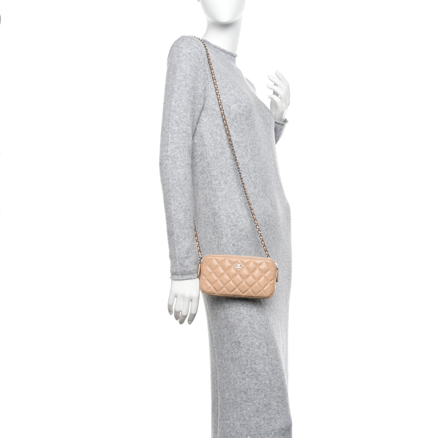 Iridescent Caviar Quilted Small Clutch With Chain Beige