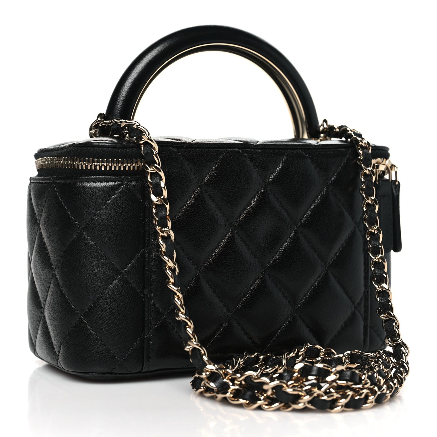 Lambskin Quilted Small Charming Top Handle Vanity Case With Chain Black