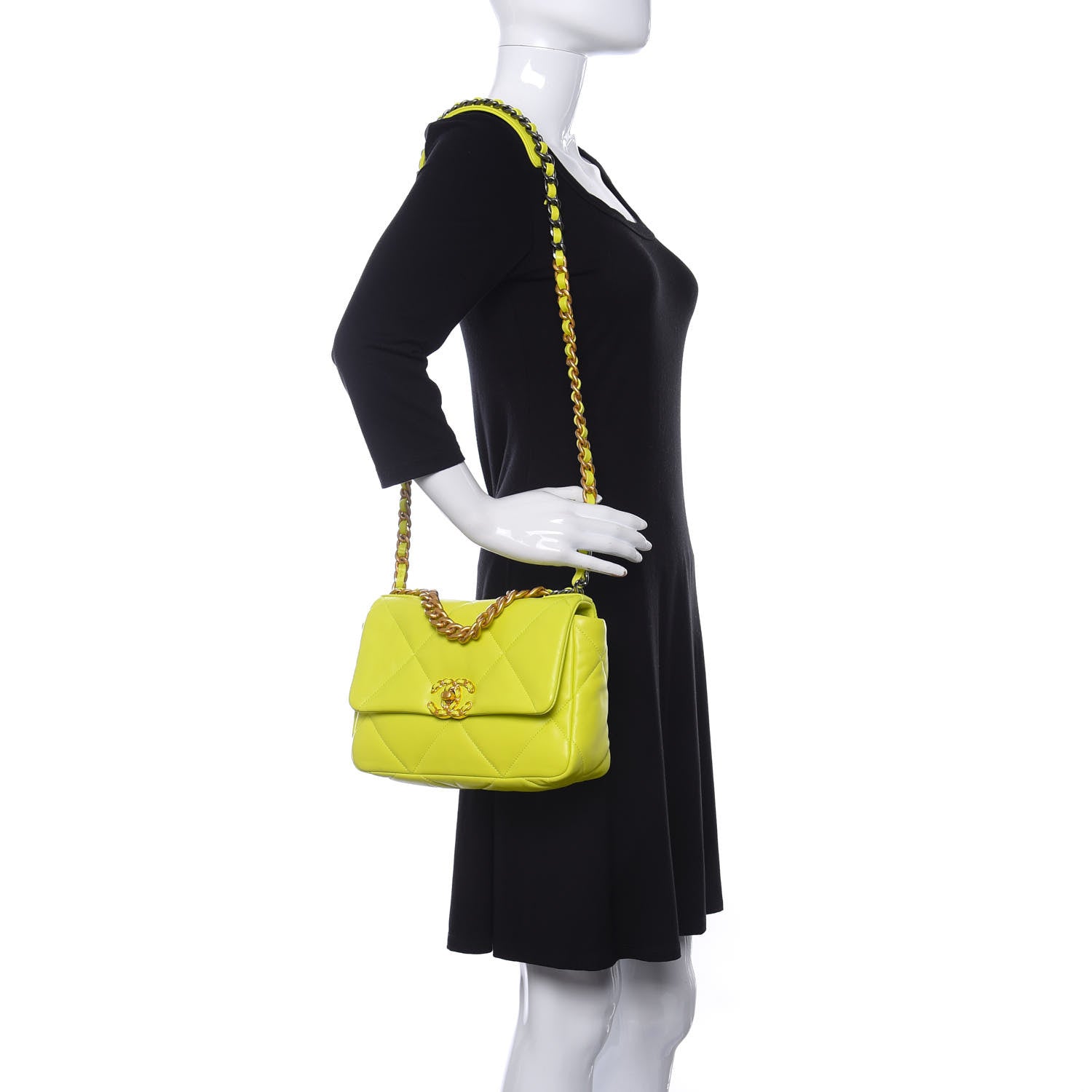 Chanel Shiny Lambskin Quilted Medium Chanel 19 Flap Neon Yellow 2 of 12