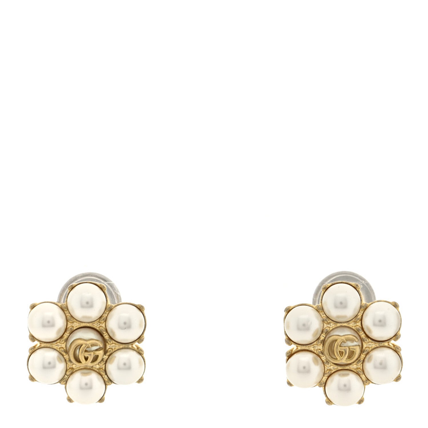 Gucci Metal Pearl Double G Clip On Earrings Aged Gold 1855821