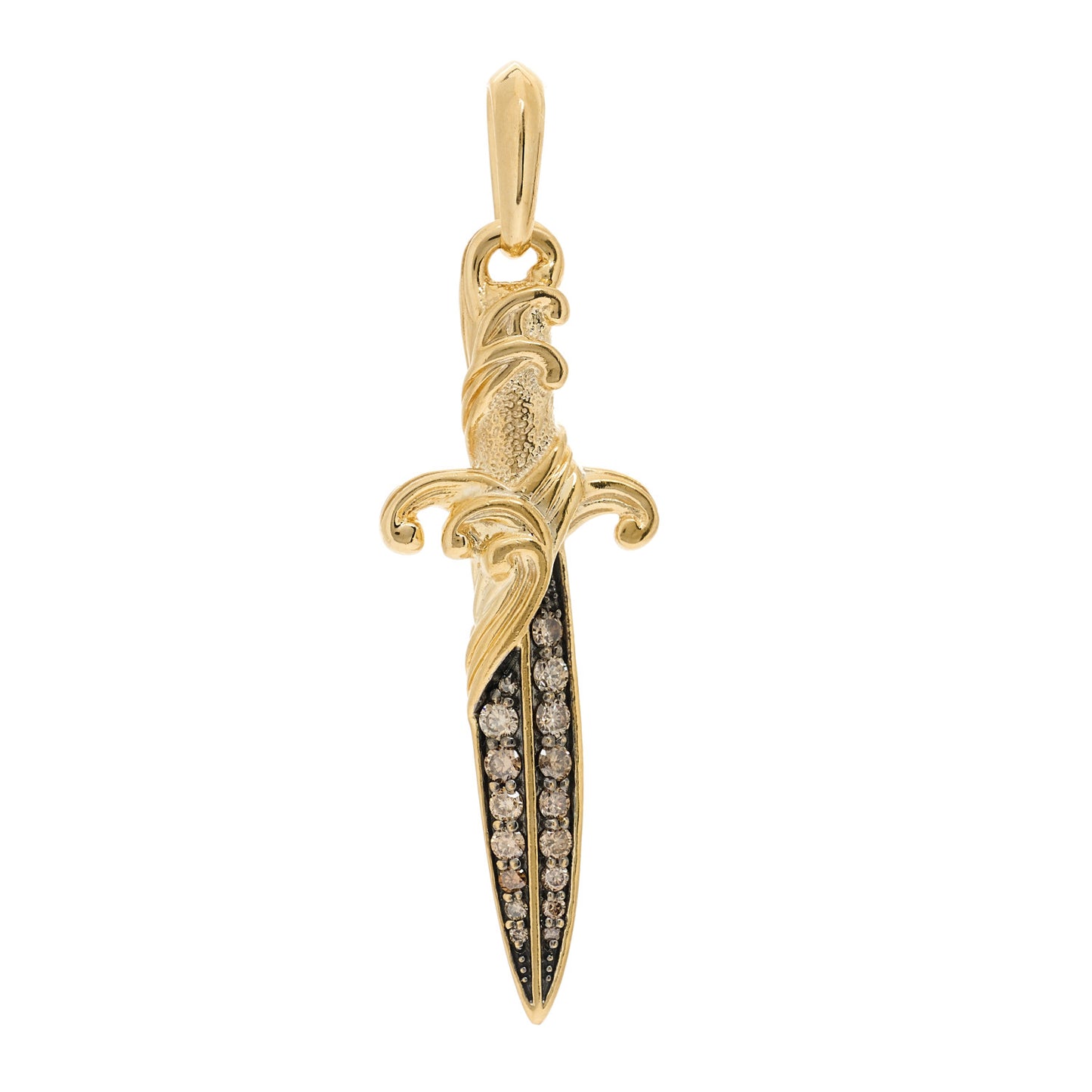 18K Yellow Gold Cognac Diamond Mens Waves Dagger Amulet Pendant