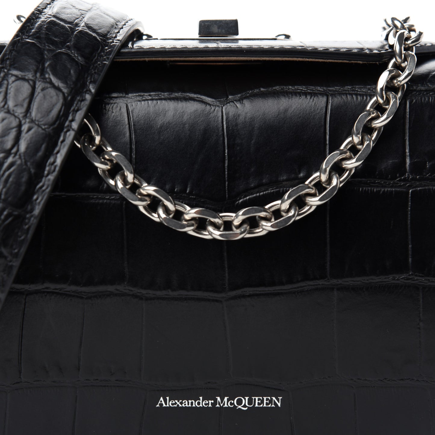 Calfskin Crocodile Embossed Box Shoulder Bag 16 Black