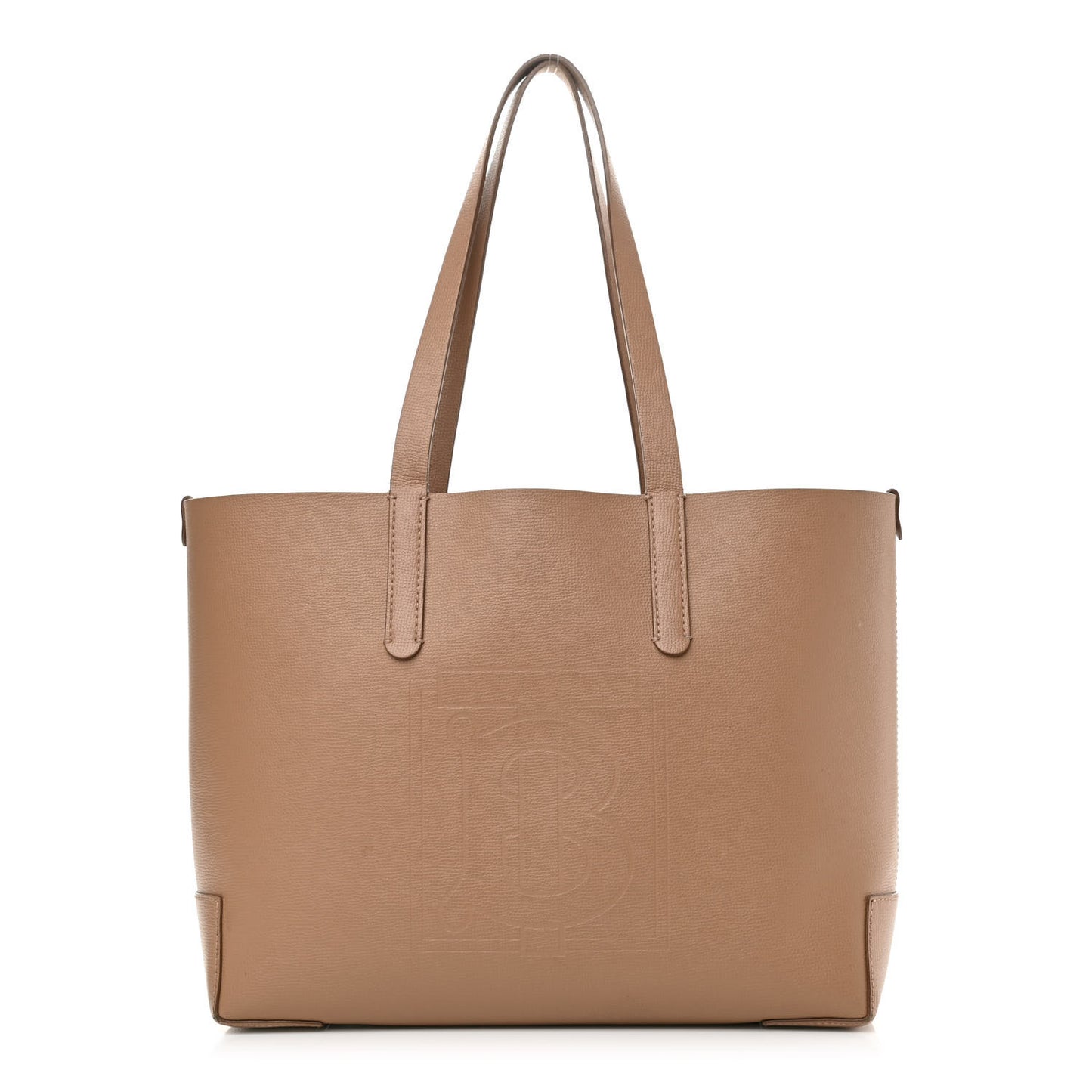 Calfskin TB Motif Embossed Medium Tote Camel
