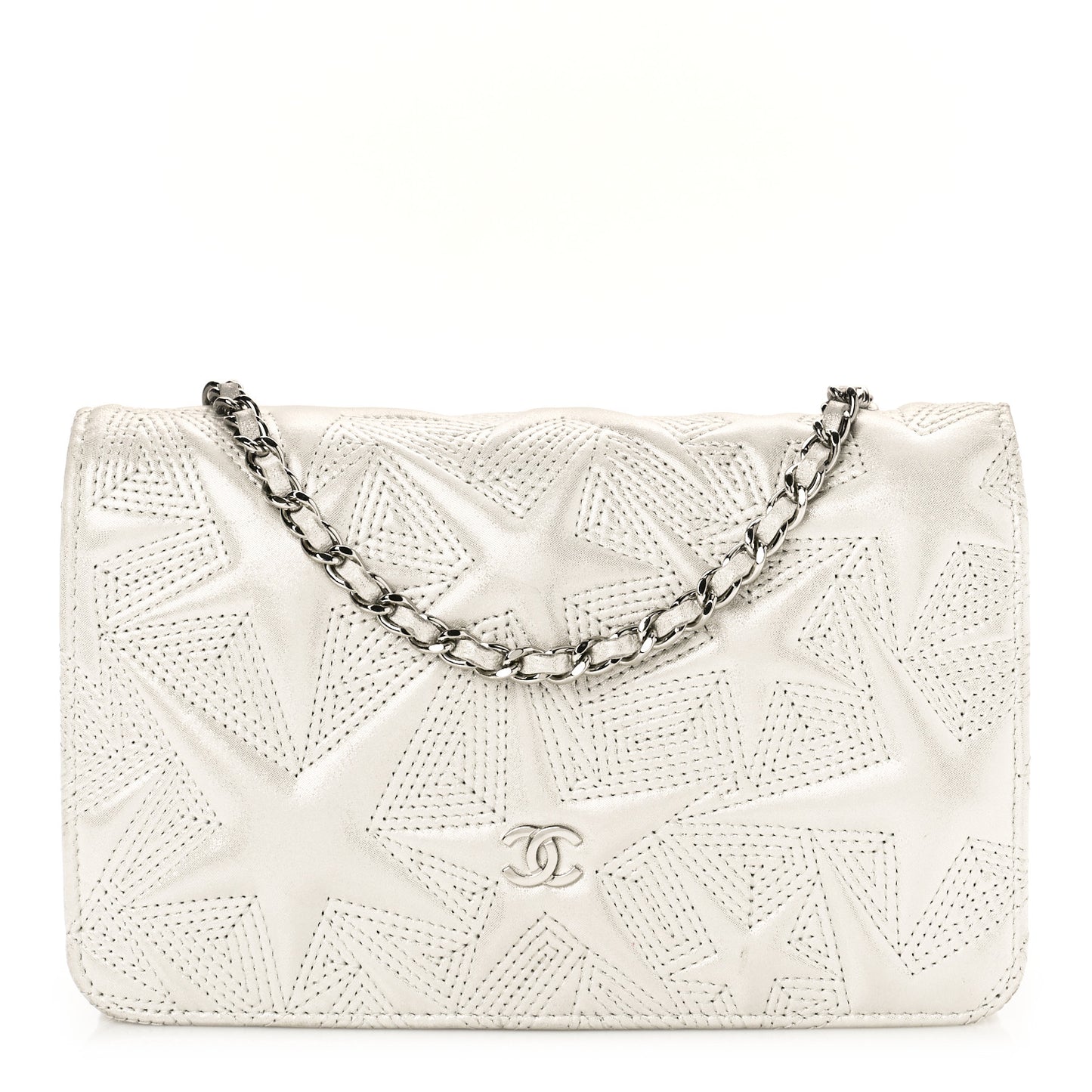 Metallic Lambskin Star Embossed Wallet On Chain WOC Silver