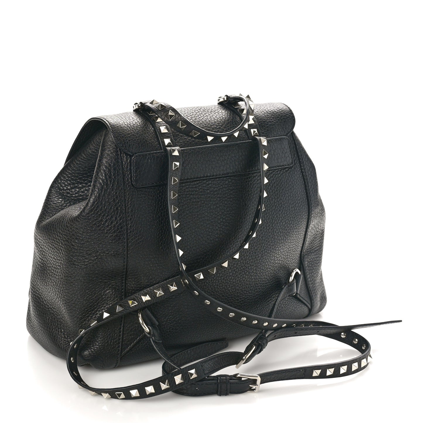 Pebbled Calfskin Rockstud Double Pocket Backpack Black
