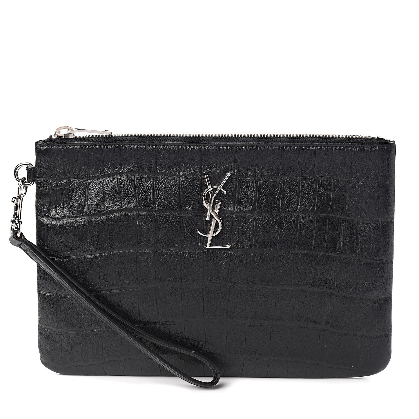 Calfskin Crocodile Embossed Monogram Zip Pouch Black