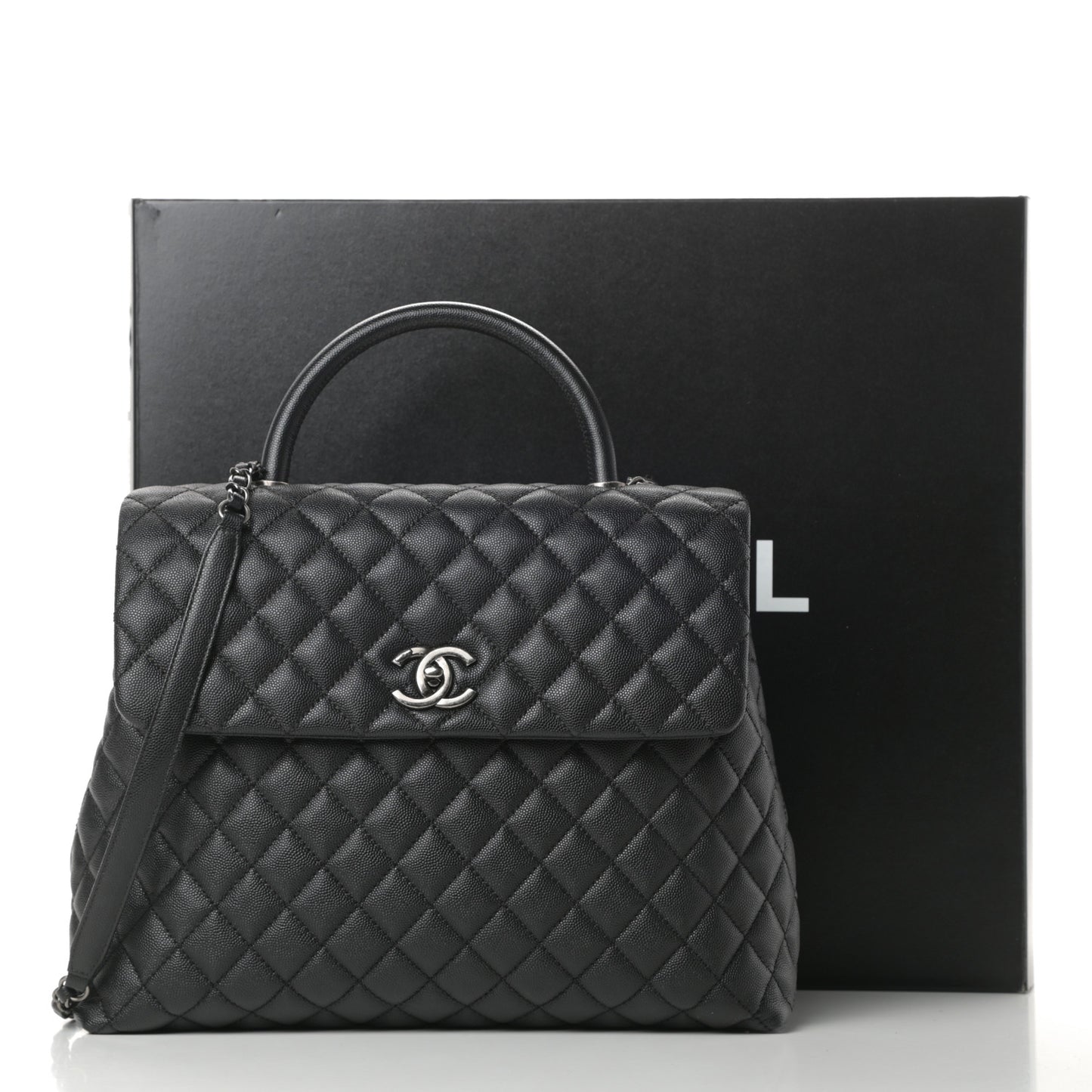 Caviar Quilted Large Coco Handle Flap Black