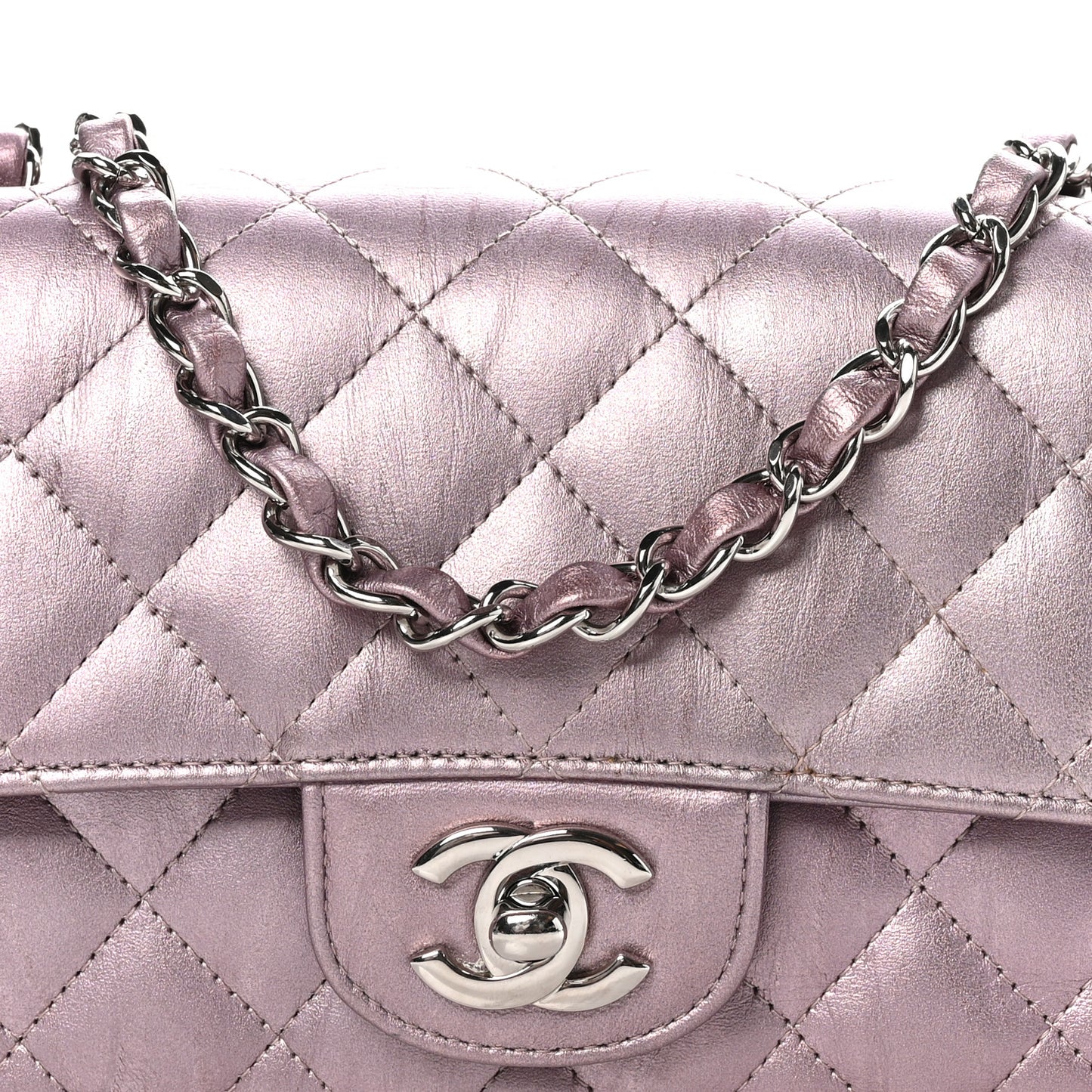 Metallic Calfskin Quilted Mini Rectangular Flap Pink