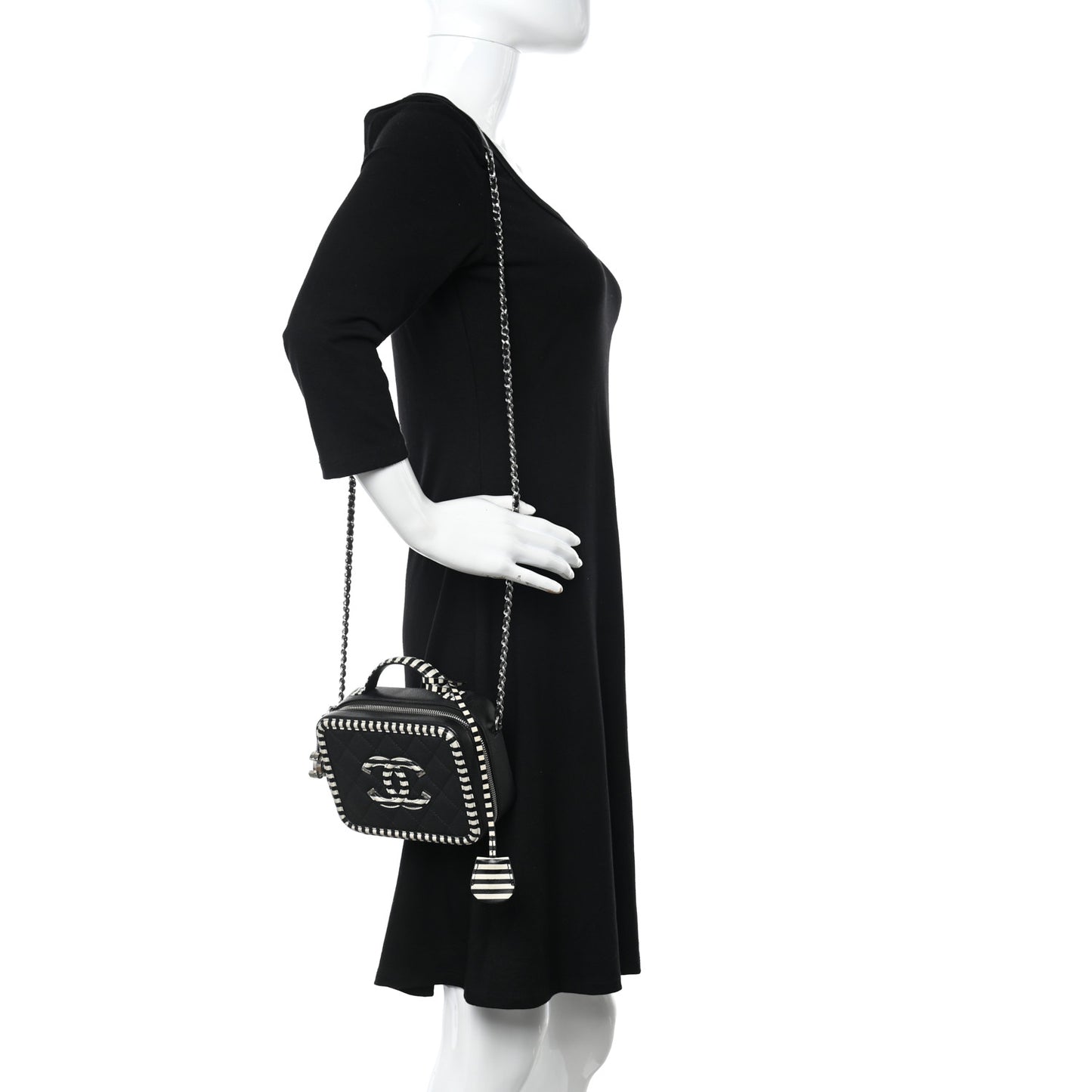 Caviar Quilted Striped Small CC Filigree Vanity Case Black White