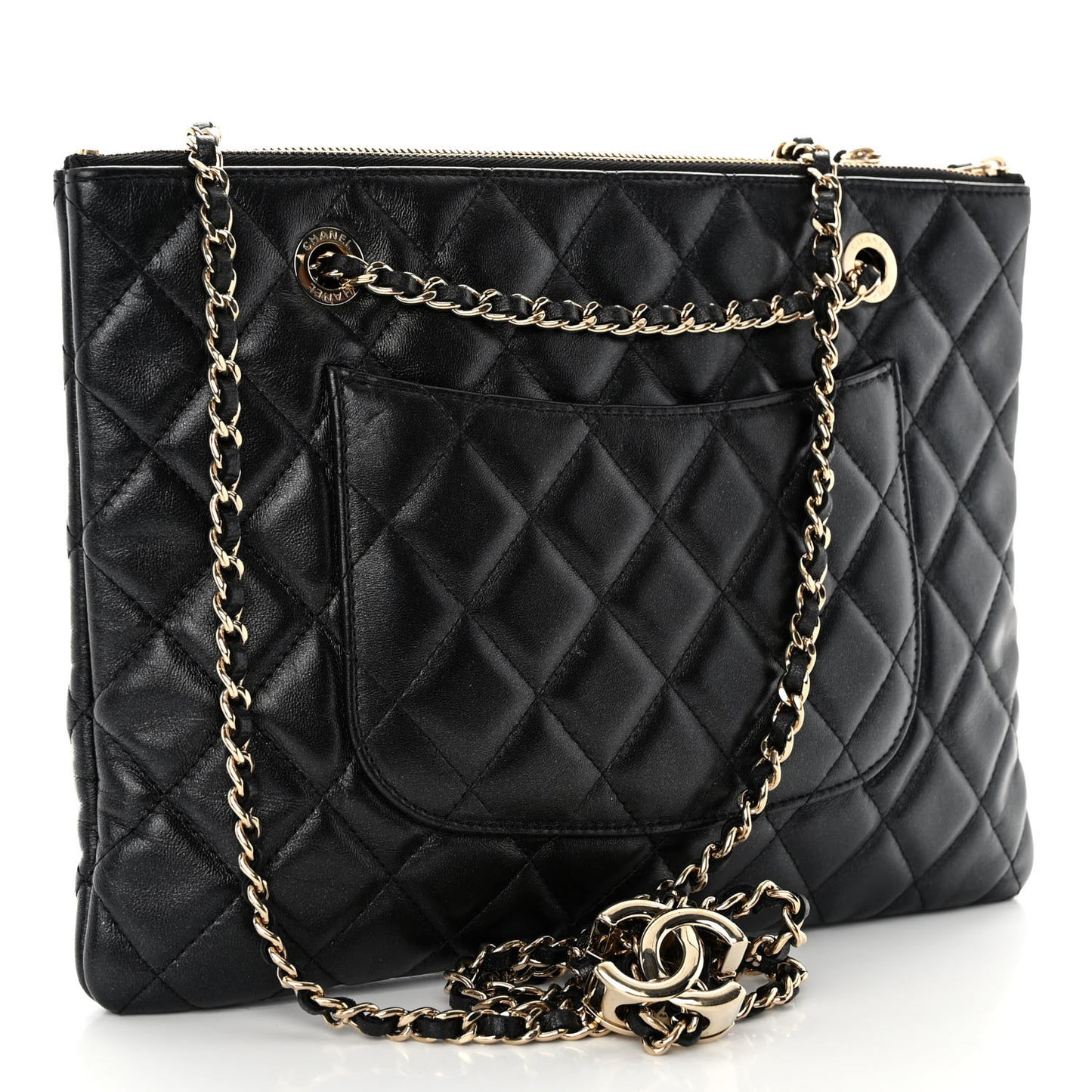 Shiny Lambskin Quilted Medium Double Case With Strap Black