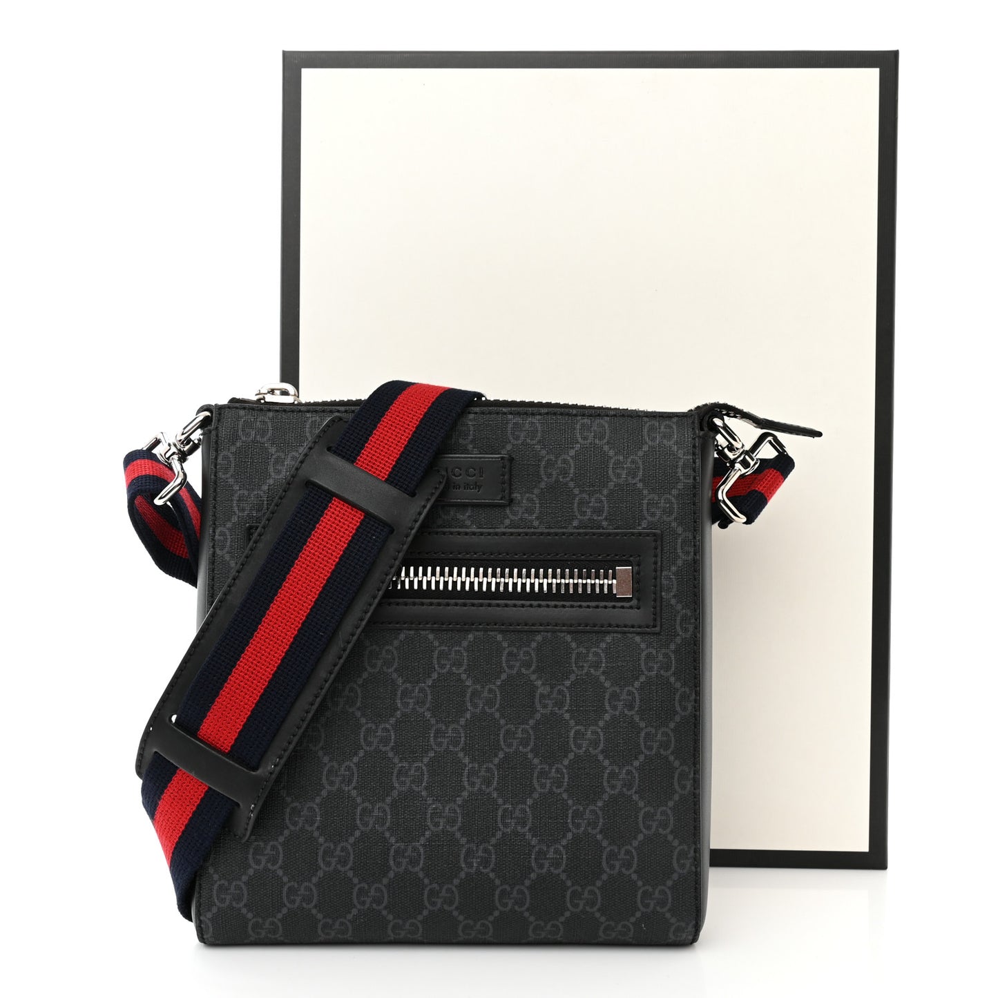 GG Supreme Monogram Web Small Flat Messenger Bag Black Grey