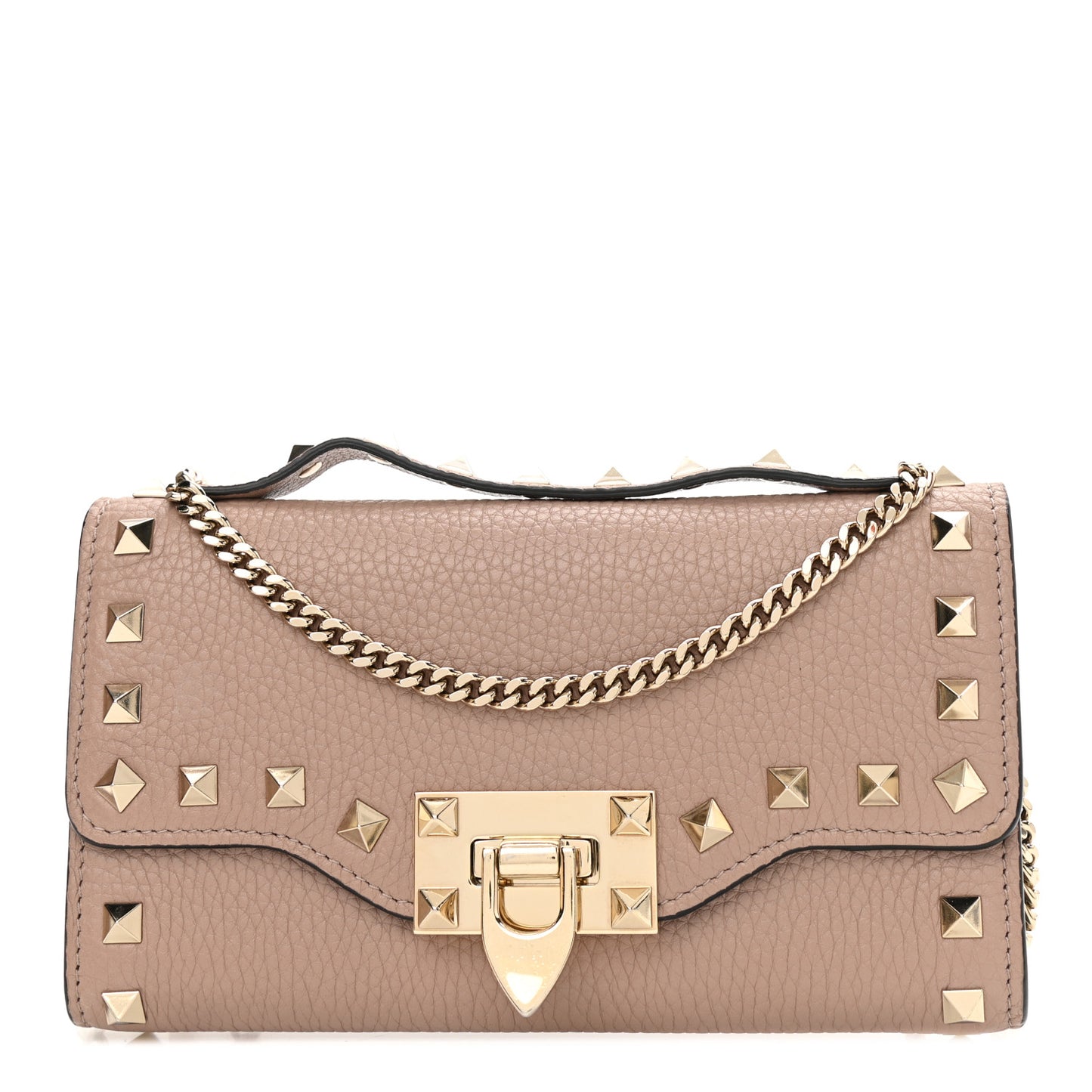 Pebbled Calfskin Rockstud Flip Lock Wallet On Chain Poudre