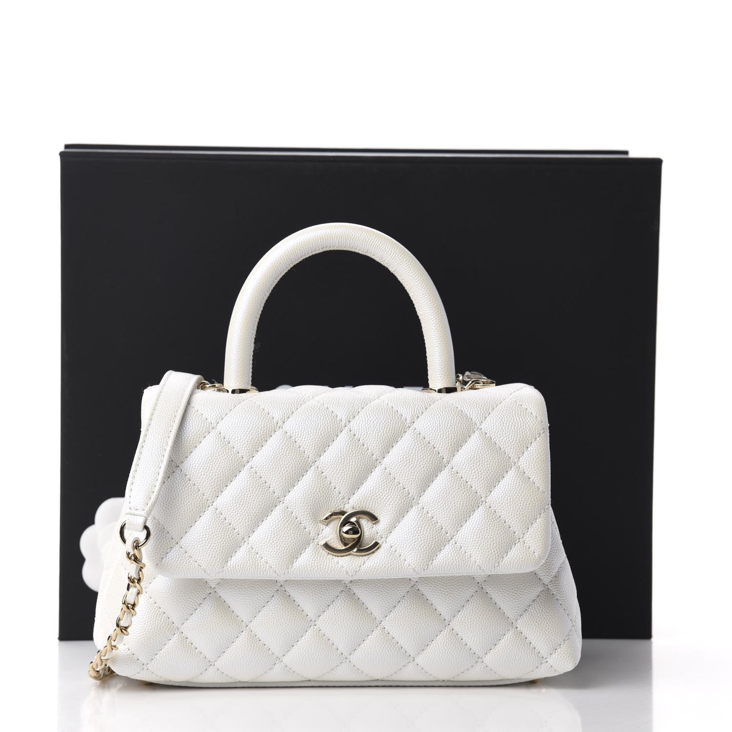 Iridescent Caviar Quilted Mini Coco Handle Flap White