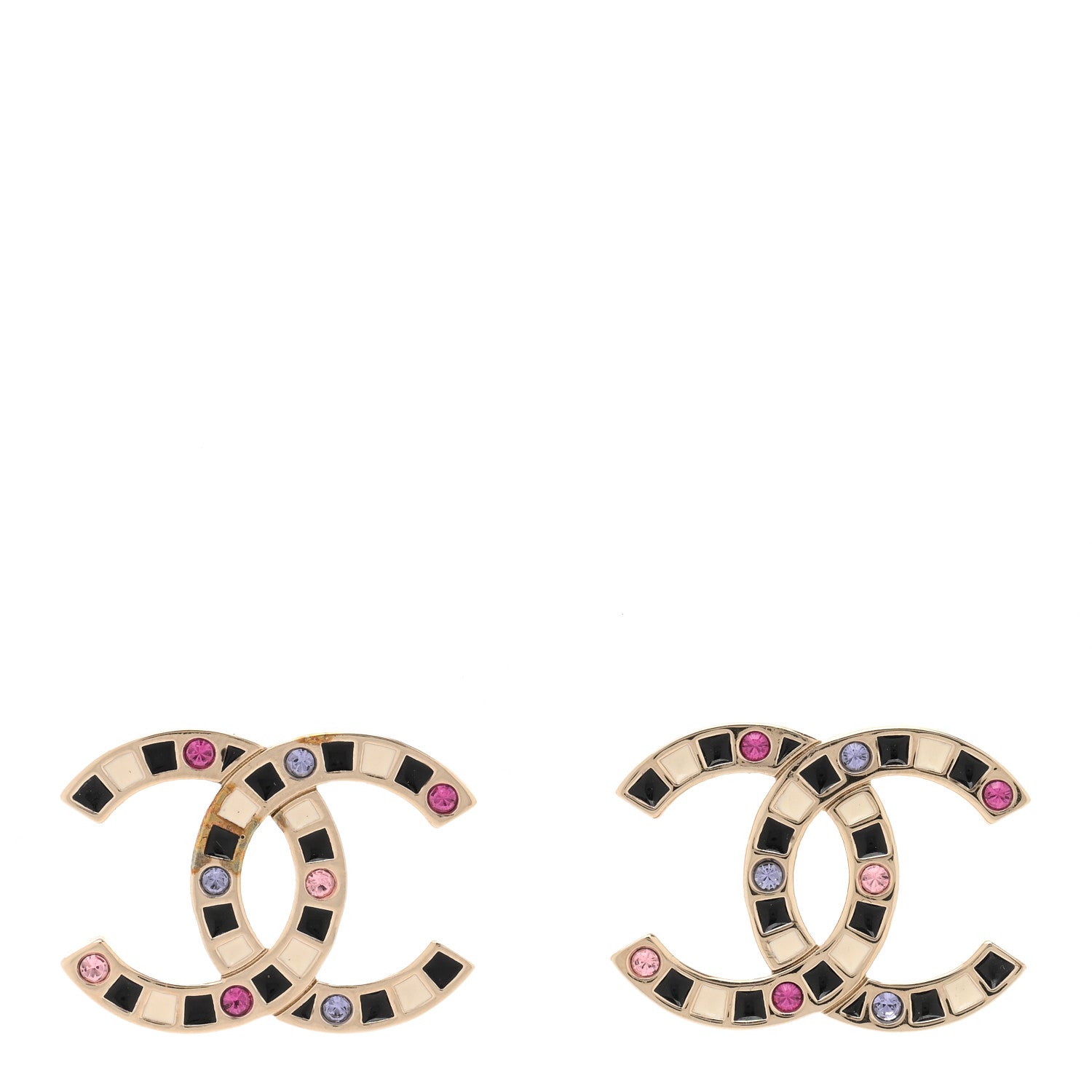 Chanel Crystal Enamel Large CC Earrings Gold Black White Pink 1 of 5