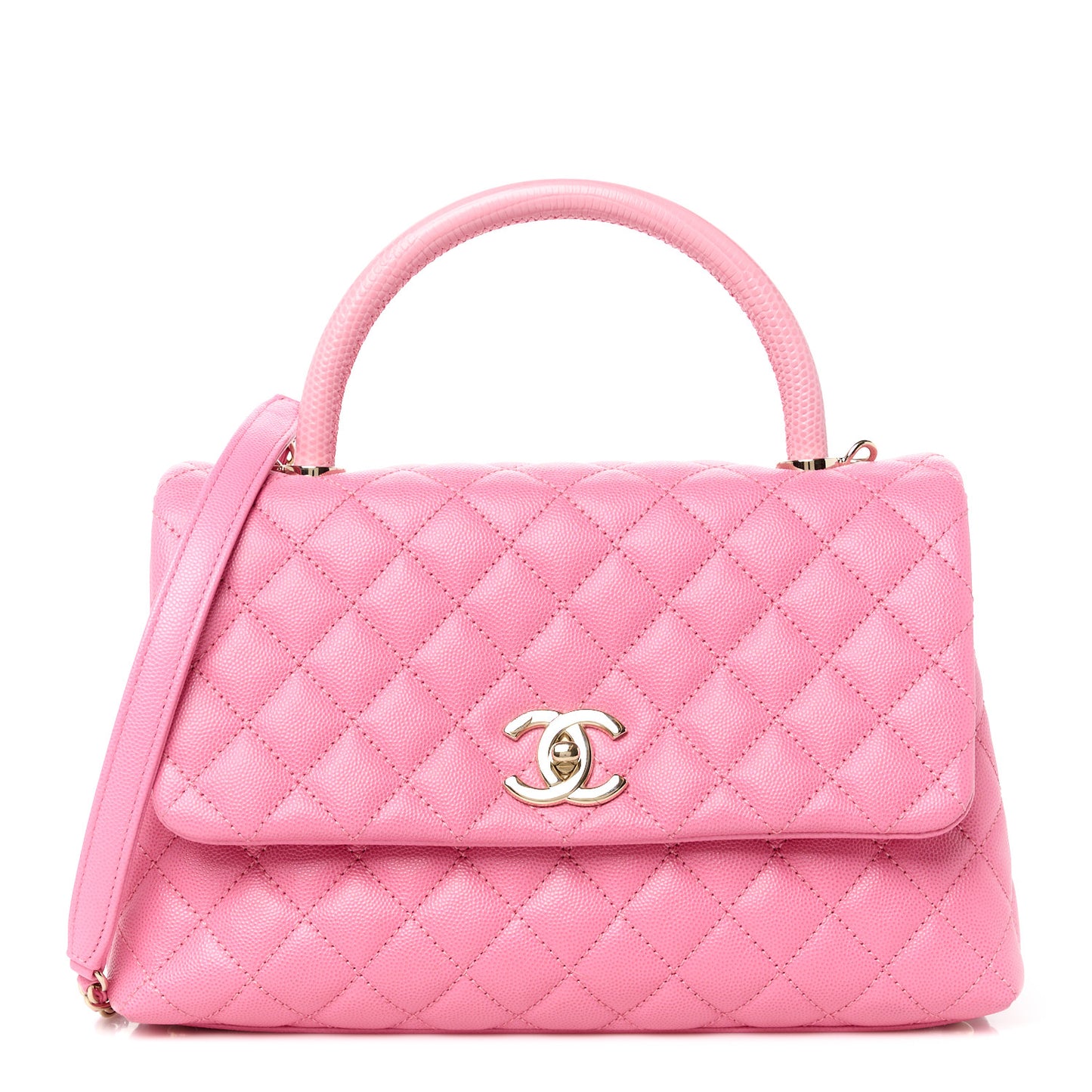 Caviar Lizard Embossed Quilted Small Coco Handle Flap Pink