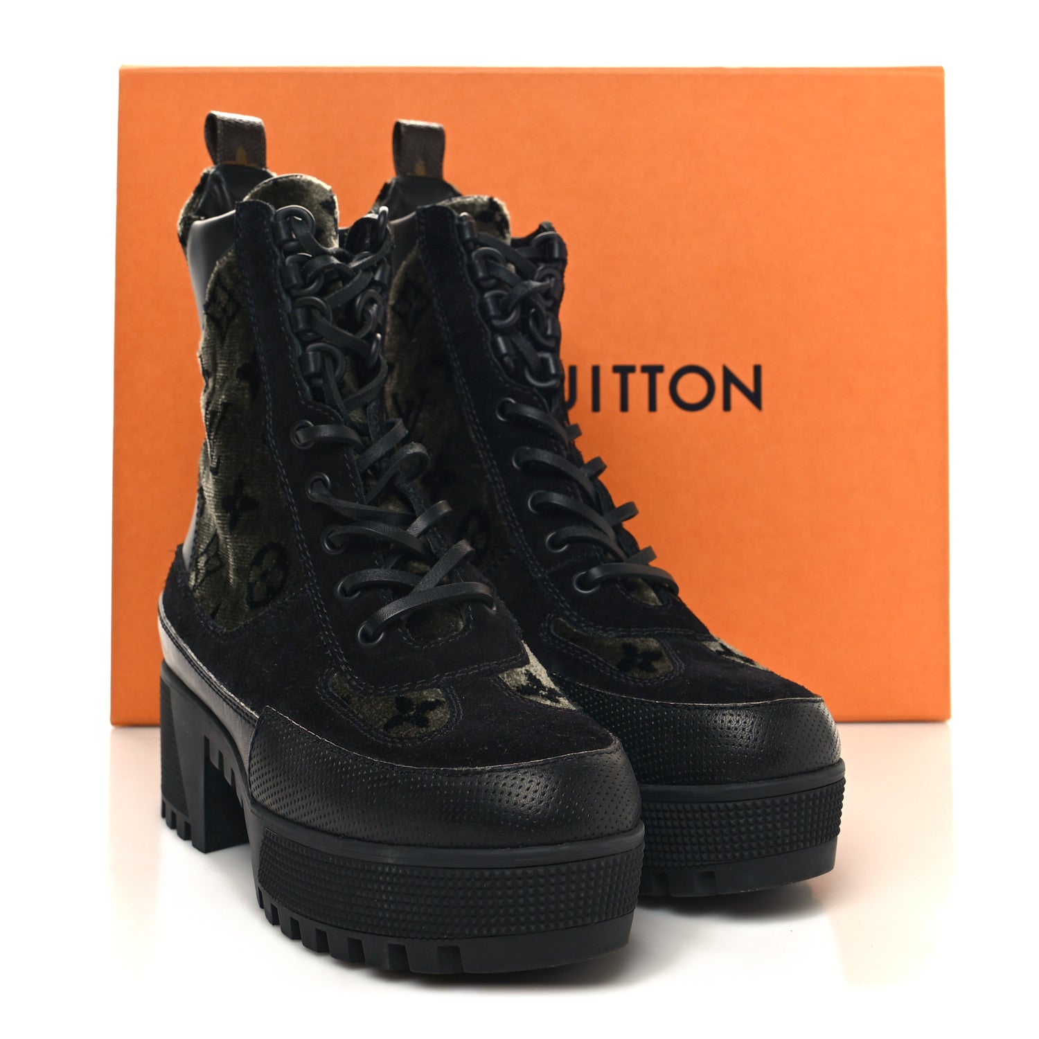 Louis Vuitton Velvet Calfskin Monogram Laureate Platform Desert Boots 37 Black Green 9 of 9