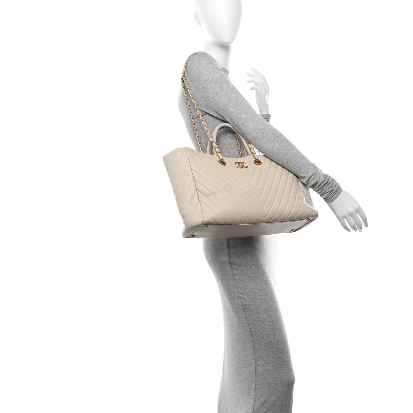 Caviar Chevron Quilted Coco Handle Shopping Tote Ivory