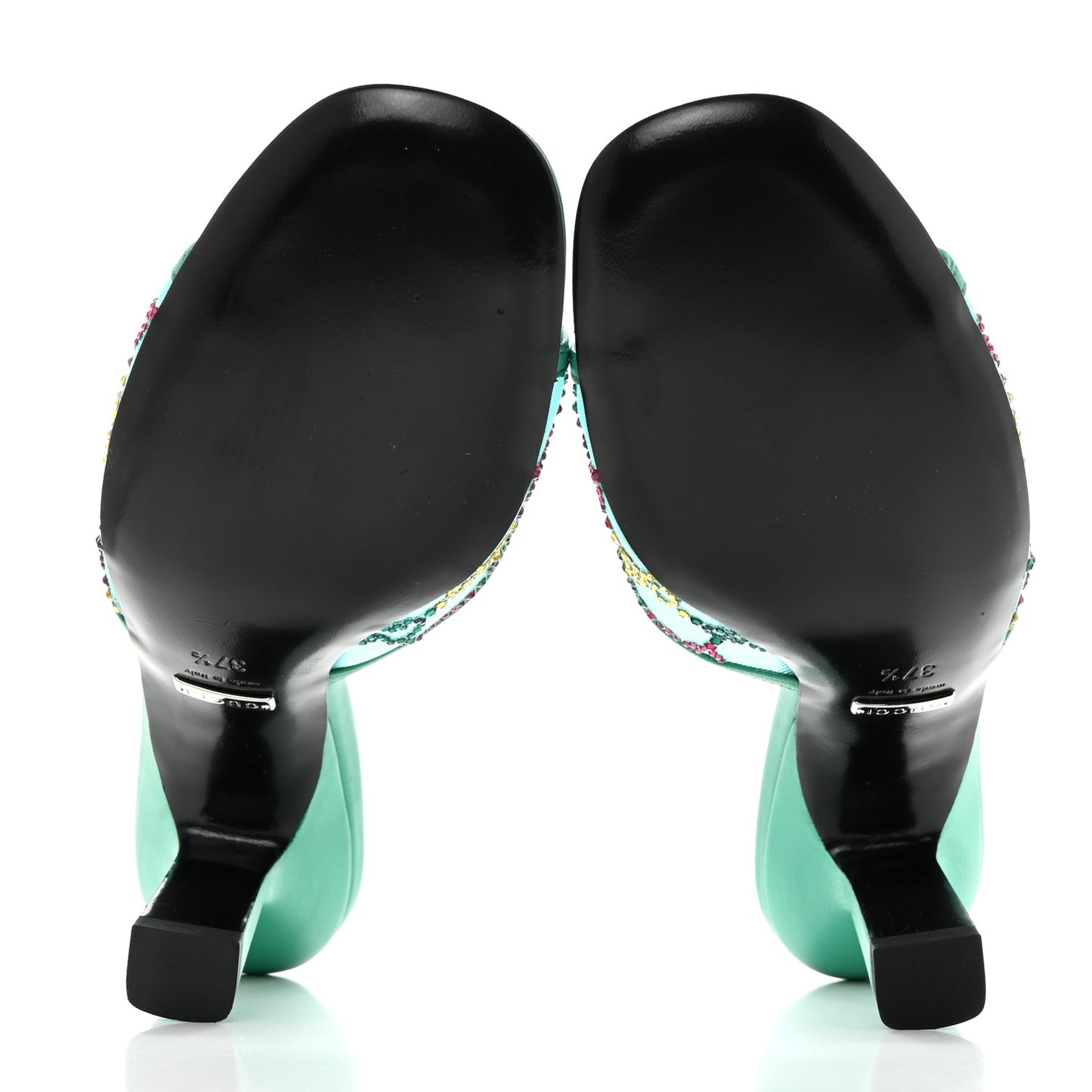 Tela Retino Nappa Crystal GG Monogram Square G 95mm Slide Sandals 37.5 Turquoise